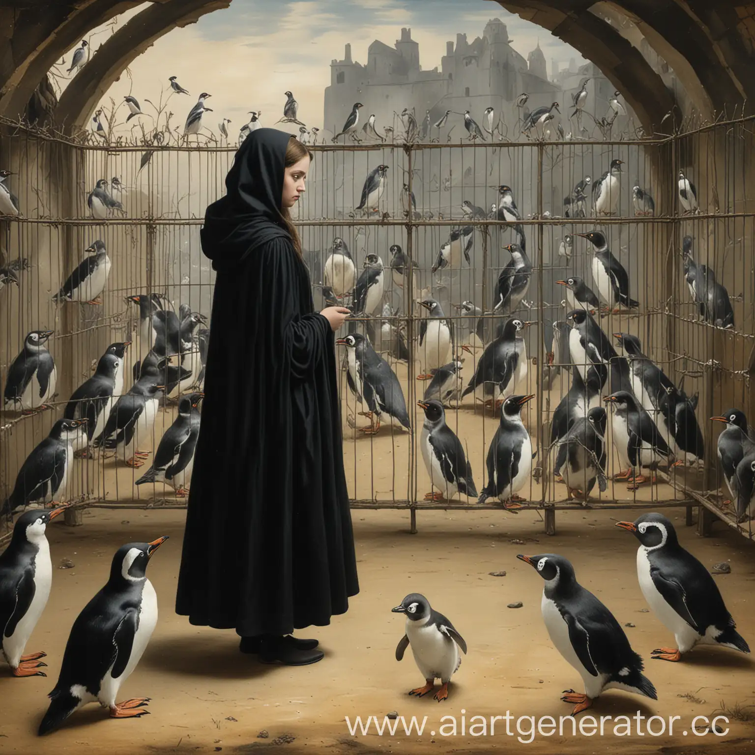 картина эпохи средневековья, на которой девушка в черном плаще смотрит на пингвинов в вольере