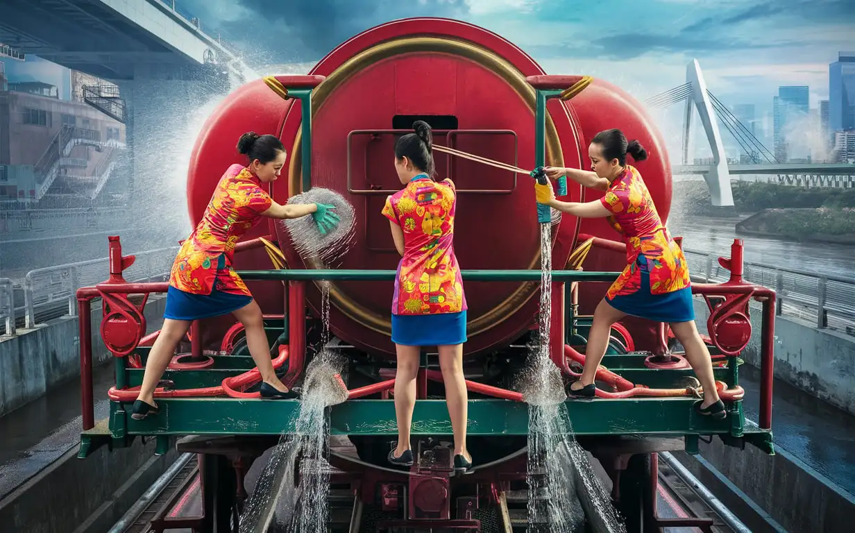 Three-Women-Cleaning-a-Large-Tank-Car-on-a-Double-Platform-in-China