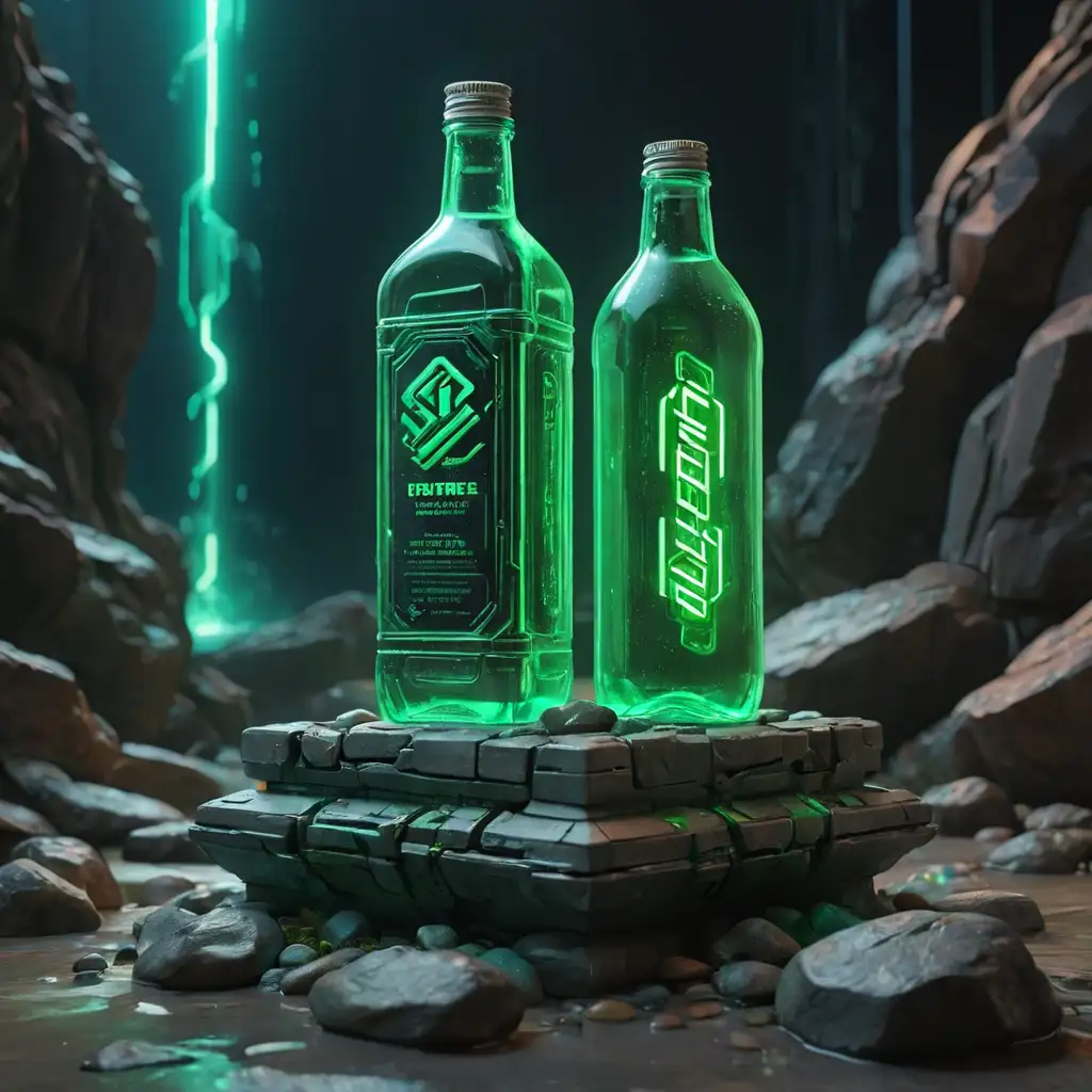 Futuristic-Cyberpunk-Bottle-Display-on-Vibrant-Neon-Pedestal