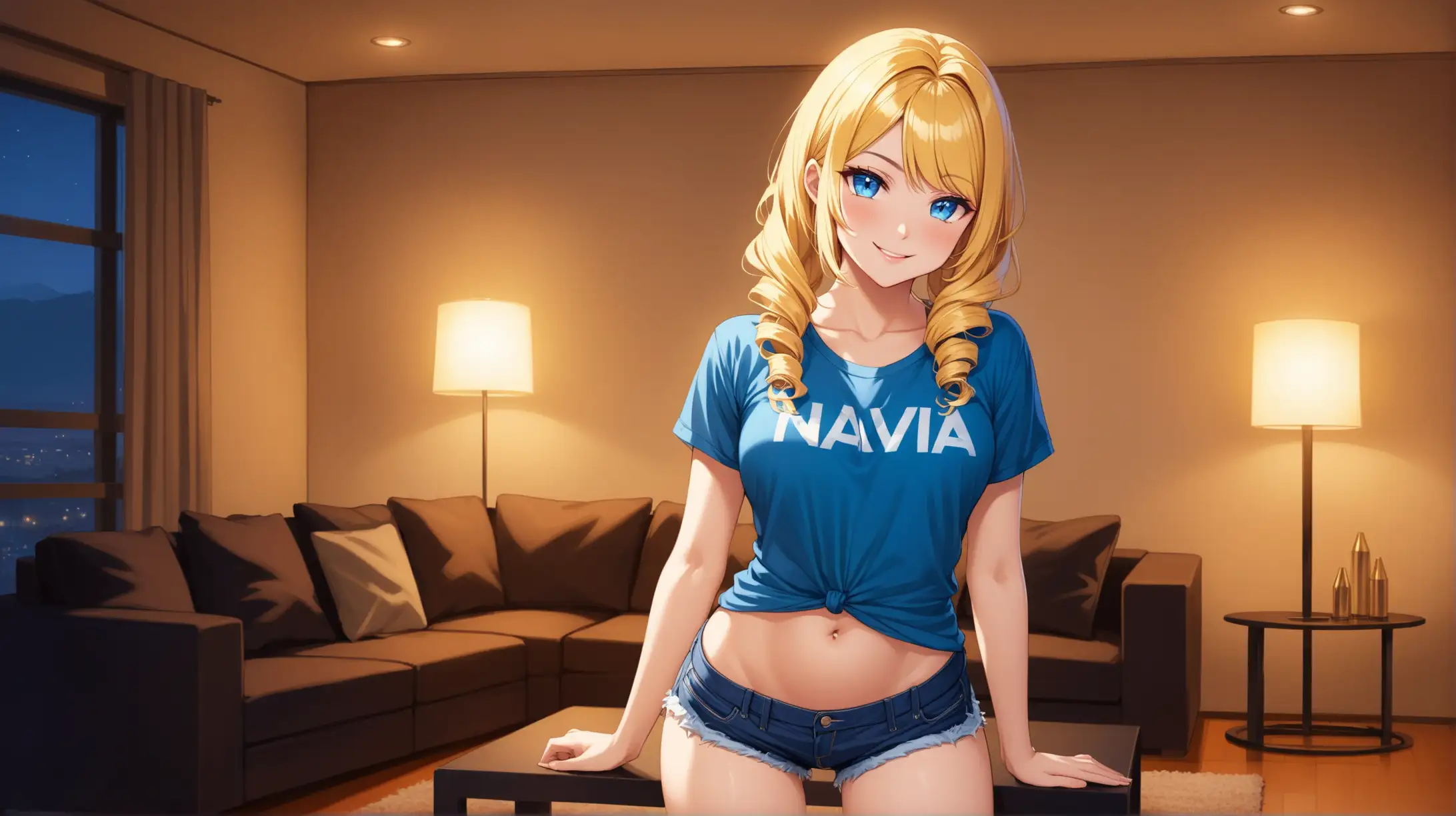 Draw the character Navia, long blonde hair, drill hair, blue eyes, high quality, dim lighting, long shot, indoors, living room, seductive pose, shorts and a t-shirt, navel, revealing, smiling at the viewer