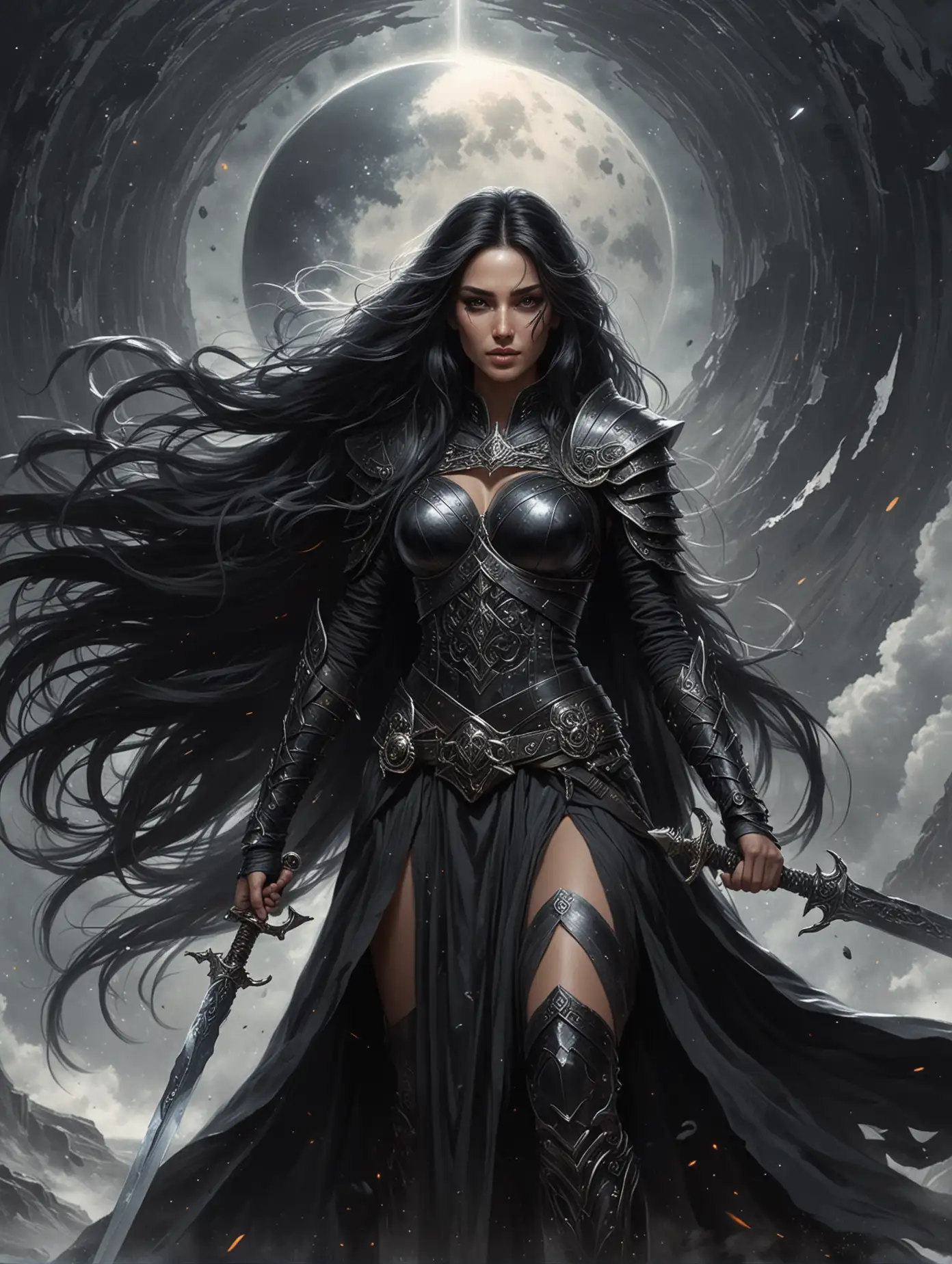 на фоне черной дыры стоит красивая женщина воин, она жрица, в руке у нее большой меч.  У женщины длинные черные волосы. На глазах черная маска как украшение. На женщине одежда с доспехами черного цвета, которая развивается на ветру.