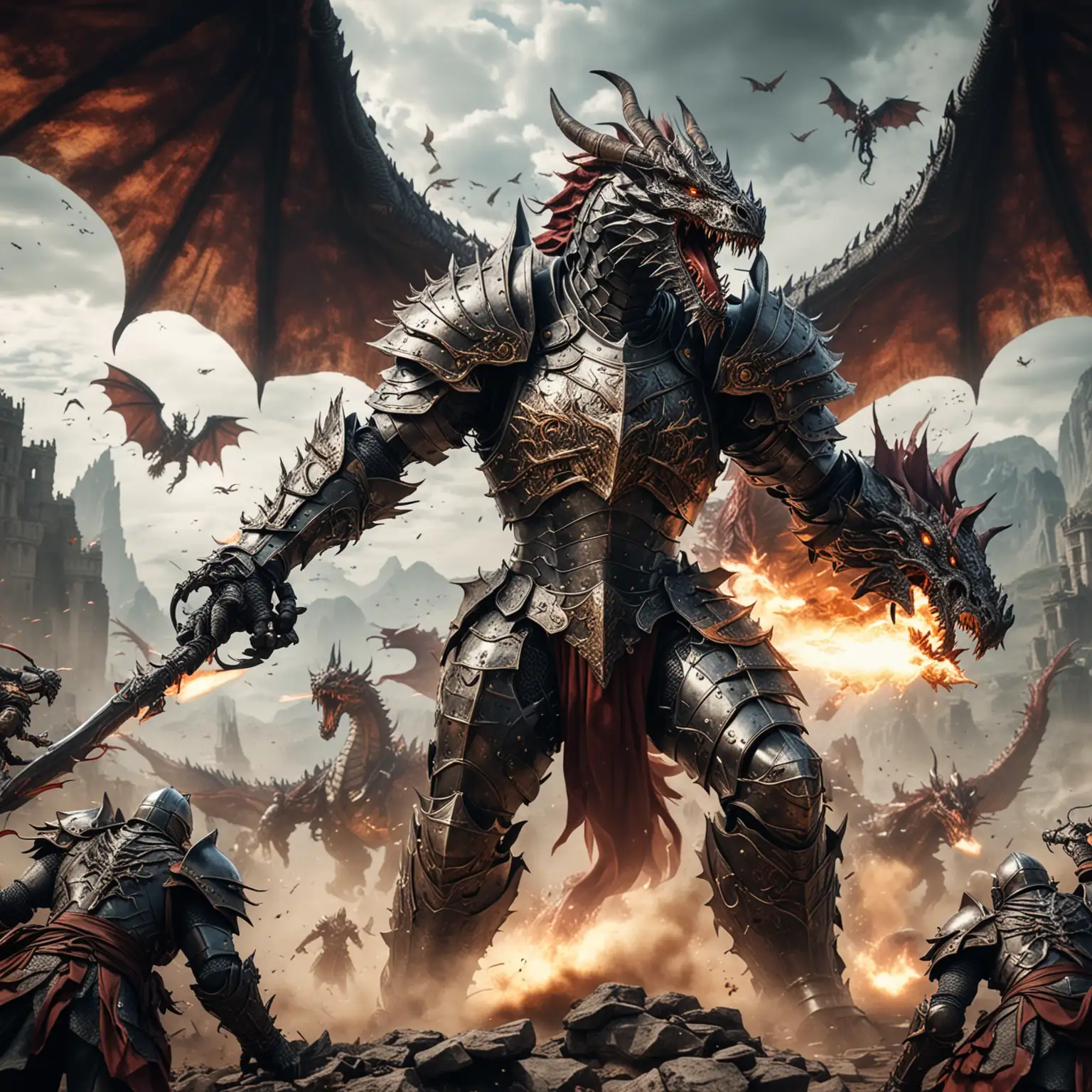 Iron armor knight fighting with flying gigantic dragon battle scene