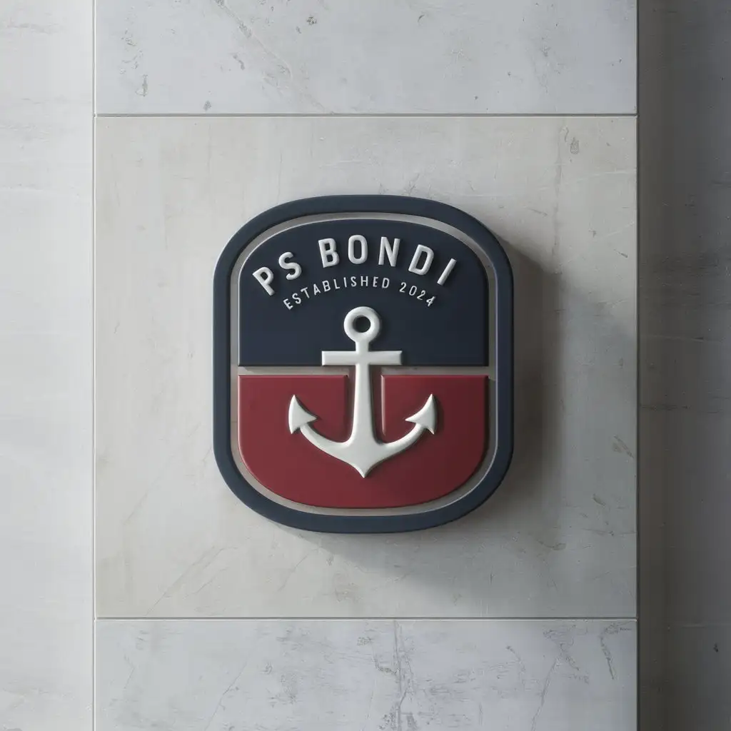 a logo design,with the text "PS BONDI '' ESTABLISHED 2024", main symbol:this logo is a circle or rectangle shape. logo should be created with stamp effect. the logo should include an anchor. preferred colors are navy blue, white, and red. must be white background,Moderate,clear background