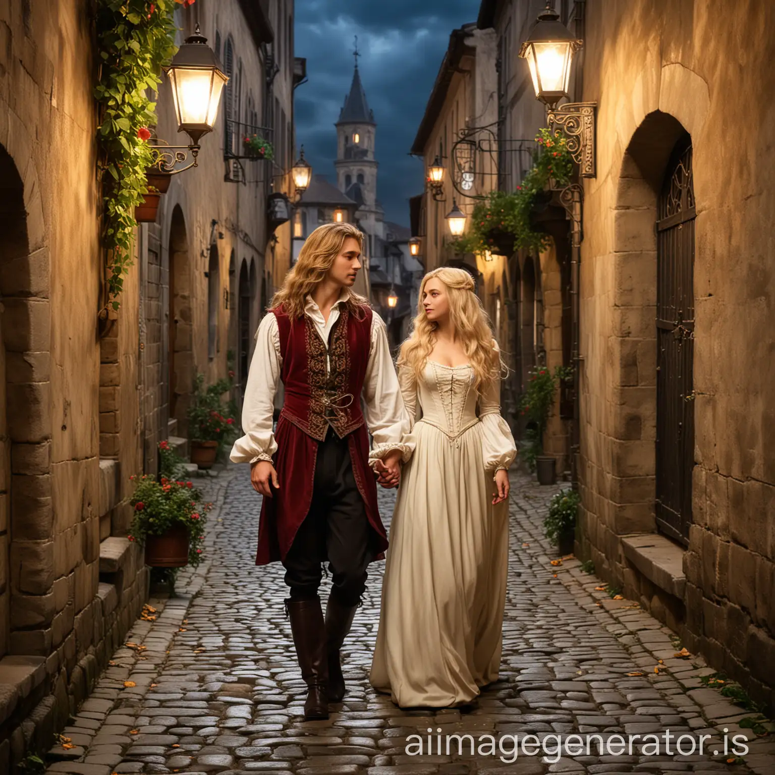 Romantic couple, Renaissance, village alley, lantern, cobblestone street, long haired prince, blonde young lady
