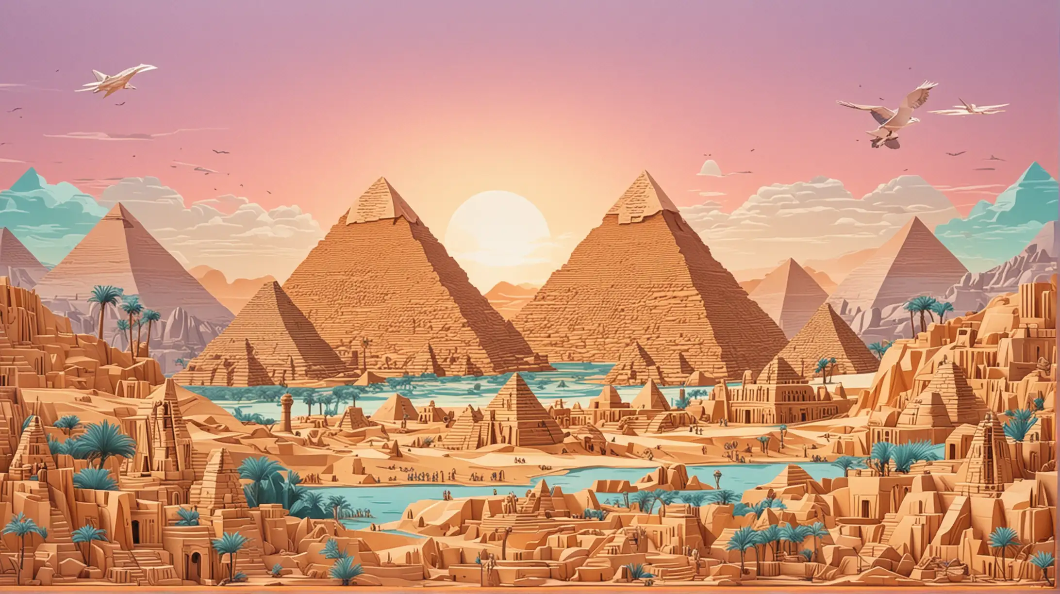 . laser cut paper illustration, layered paper высокая детализация цветная бумага красивые пастельные цвета. панорама египетские пирамиды  панорама сфинкс на переднем плане