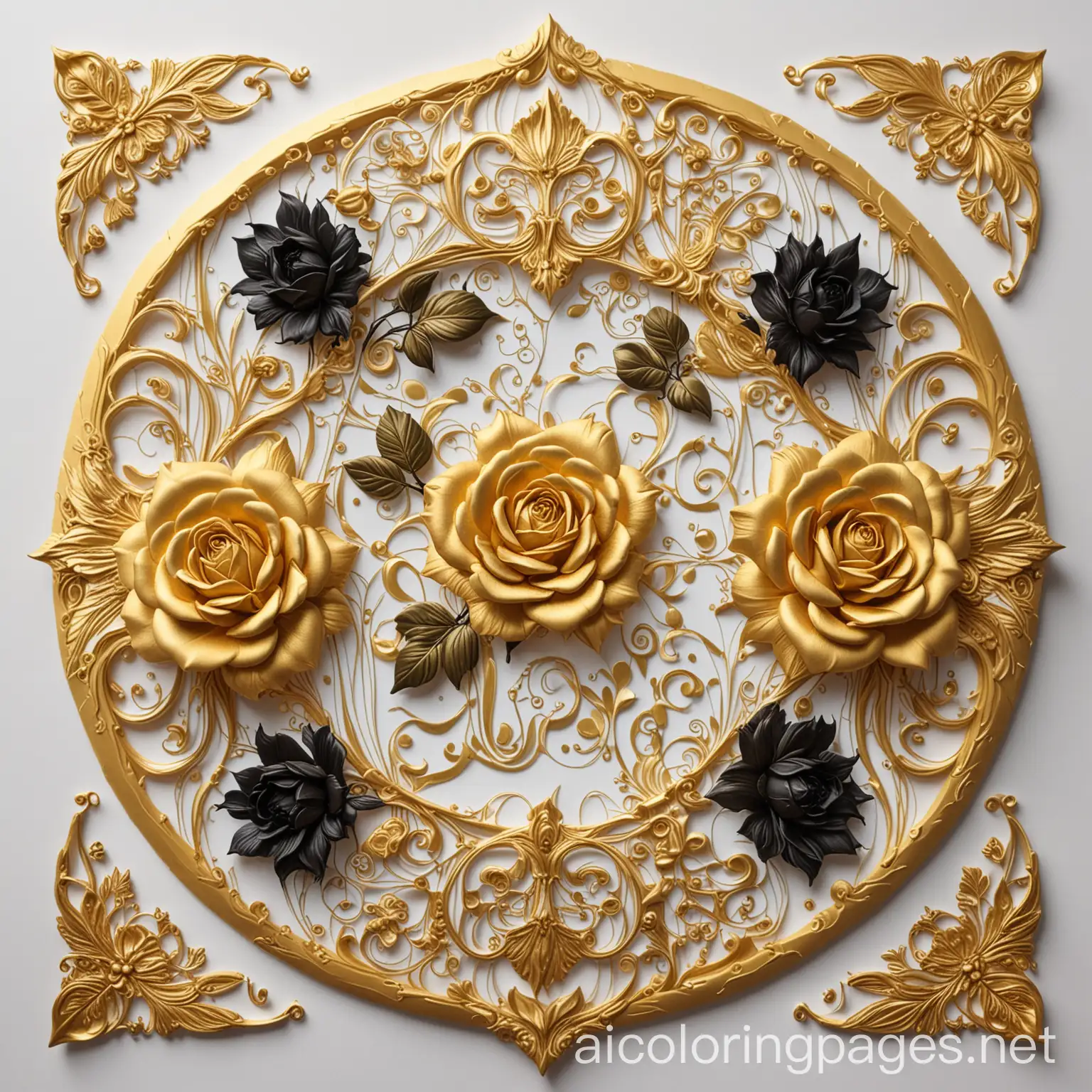  Realistic 3D coloring page with "NADA" in gold in the center, surrounded by black and gold roses and swirls. Line art with a plain white background for simplicity and ample white space. Easy-to-distinguish outlines for simple coloring within the lines.