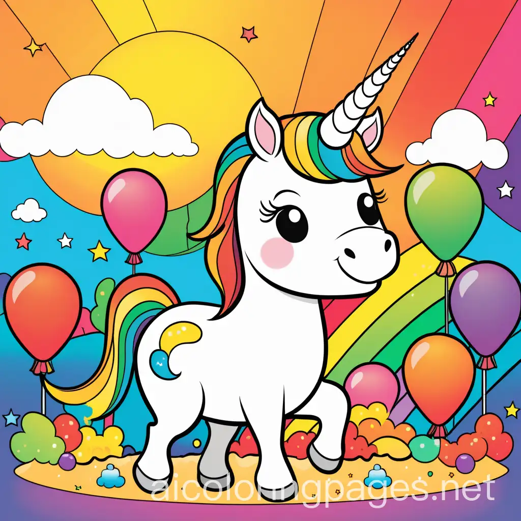 cute happy animated unicorn with a vibrant background, rainbow and sunny, birthday party, balloons, cupcakes , Coloring Page, black and white, line art, white background, Simplicity, Ample White Space. The background of the coloring page is plain white to make it easy for young children to color within the lines. The outlines of all the subjects are easy to distinguish, making it simple for kids to color without too much difficulty