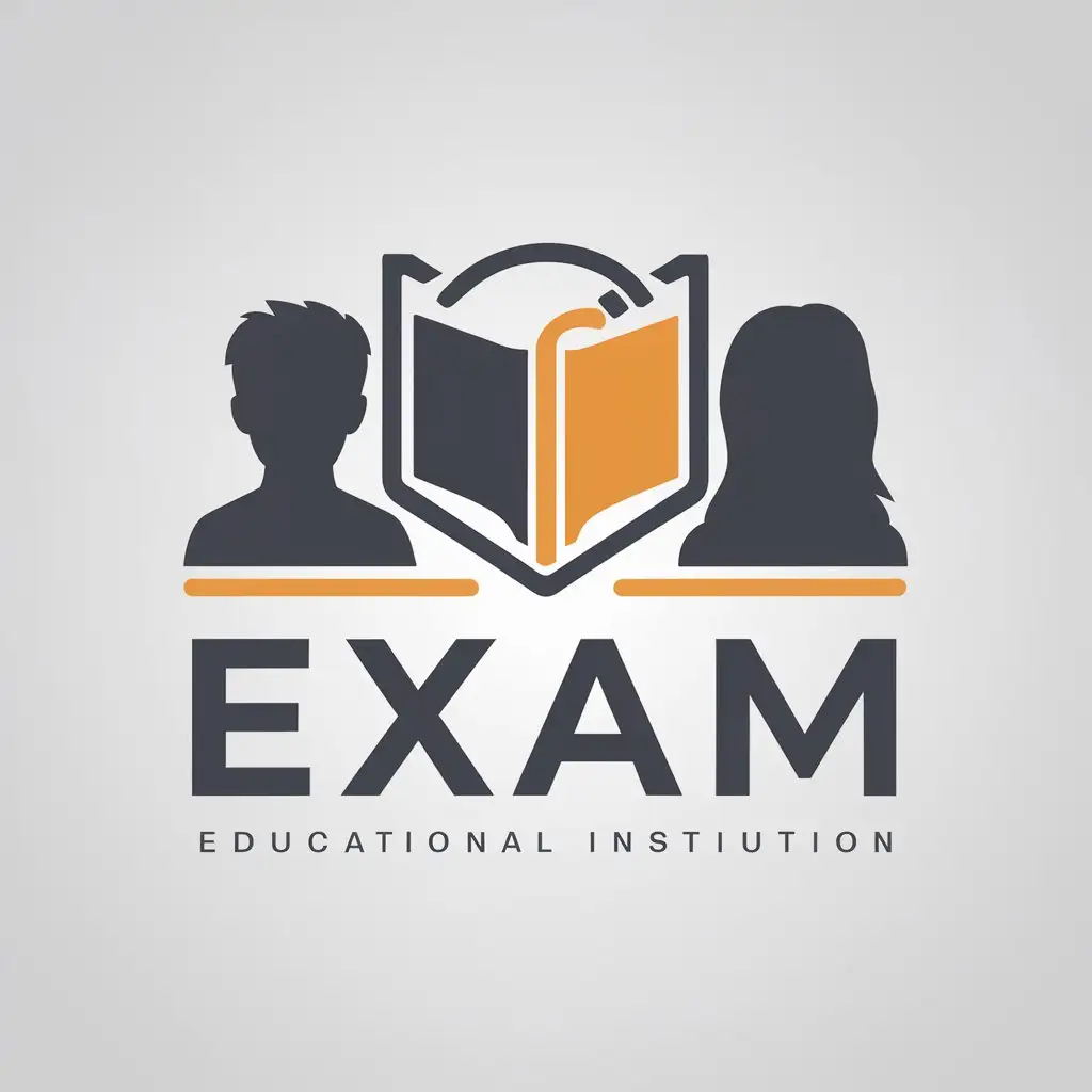 a logo design,with the text "Exam", main symbol:books, pencil, male and female teenagers,Moderate,be used in Education industry,clear background