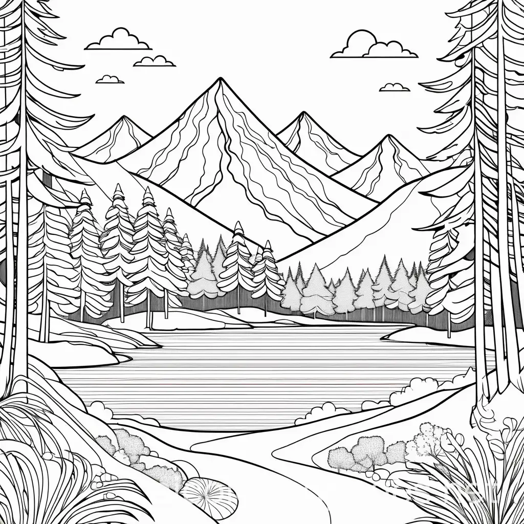 summer camp, Coloring Page, black and white, line art, white background, Simplicity, Ample White Space