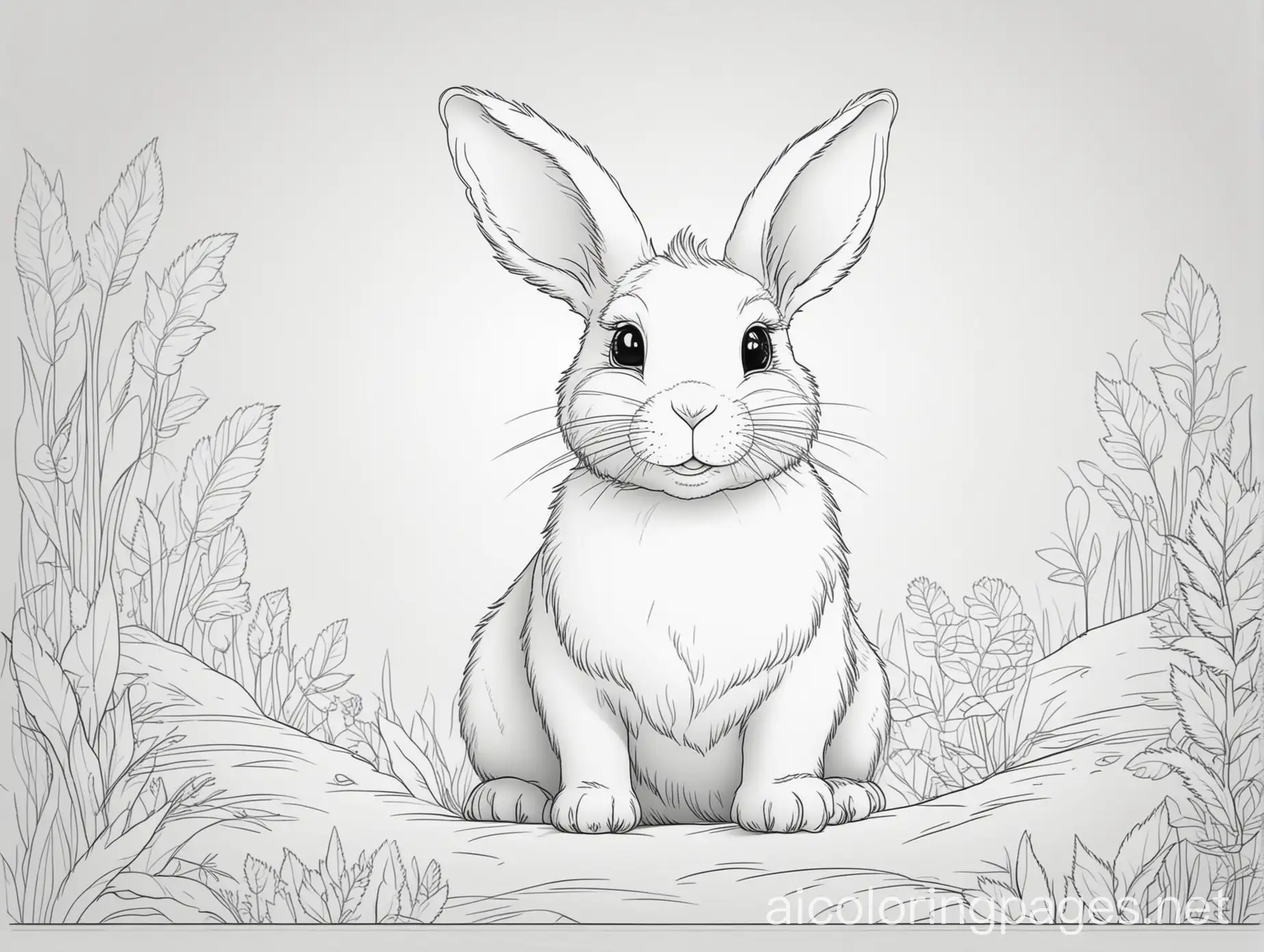 Rabbit with background, Coloring Page, black and white, line art, white background, Simplicity, Ample White Space. The background of the coloring page is plain white to make it easy for young children to color within the lines. The outlines of all the subjects are easy to distinguish, making it simple for kids to color without too much difficulty