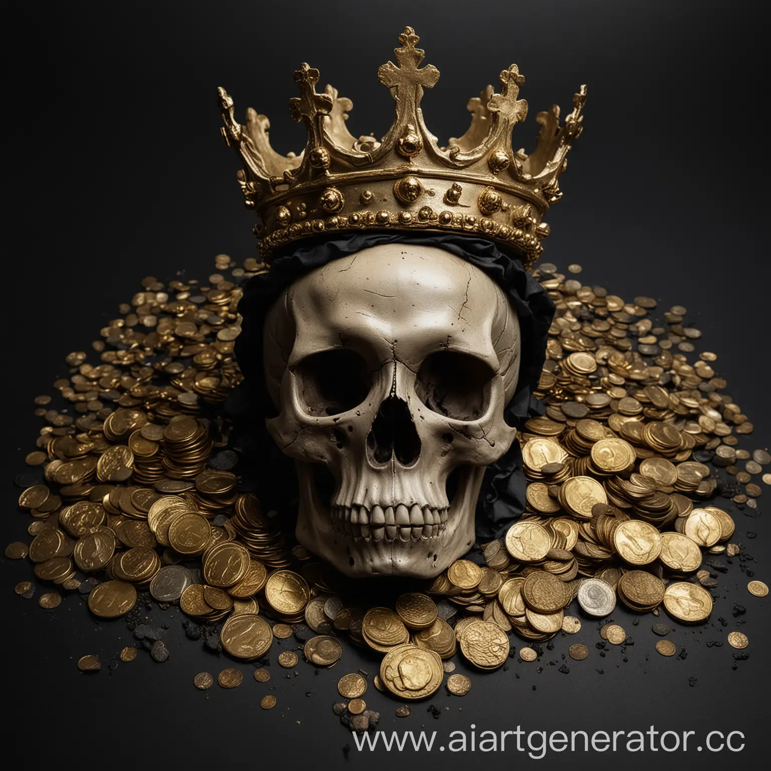 череп в короне с золотыми монетами под ним, на черном фоне
