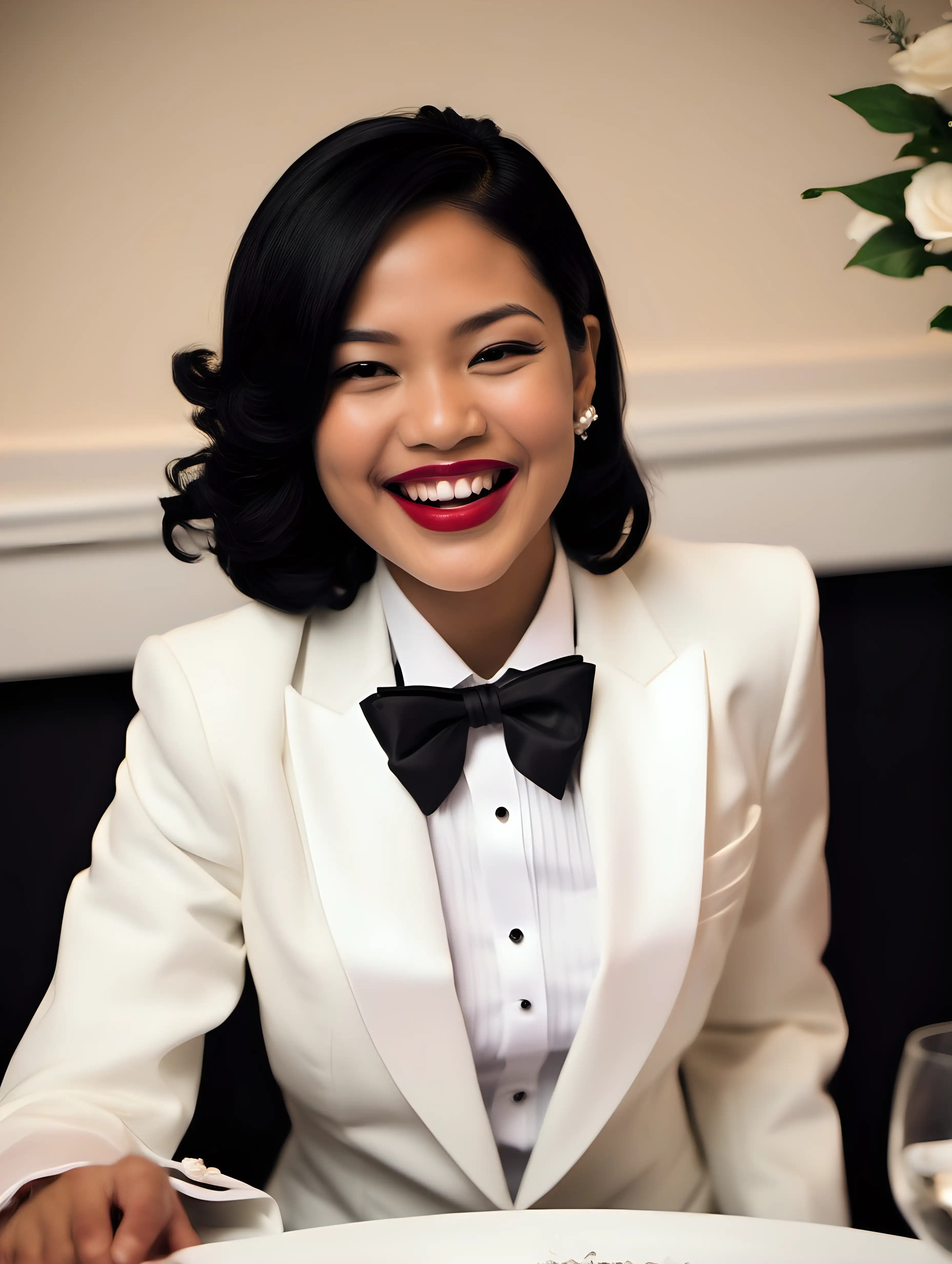 30 year old indonesian woman with black shoulder length hair and lipstick wearing a tuxedo with a white dinner jacket and a black bow tie and big black cufflinks. Her jacket has a corsage. Her shirt had double French cuffs.  She is sitting at a dinner table.  She is smiling and giggling. Medium shot.  Best quality.