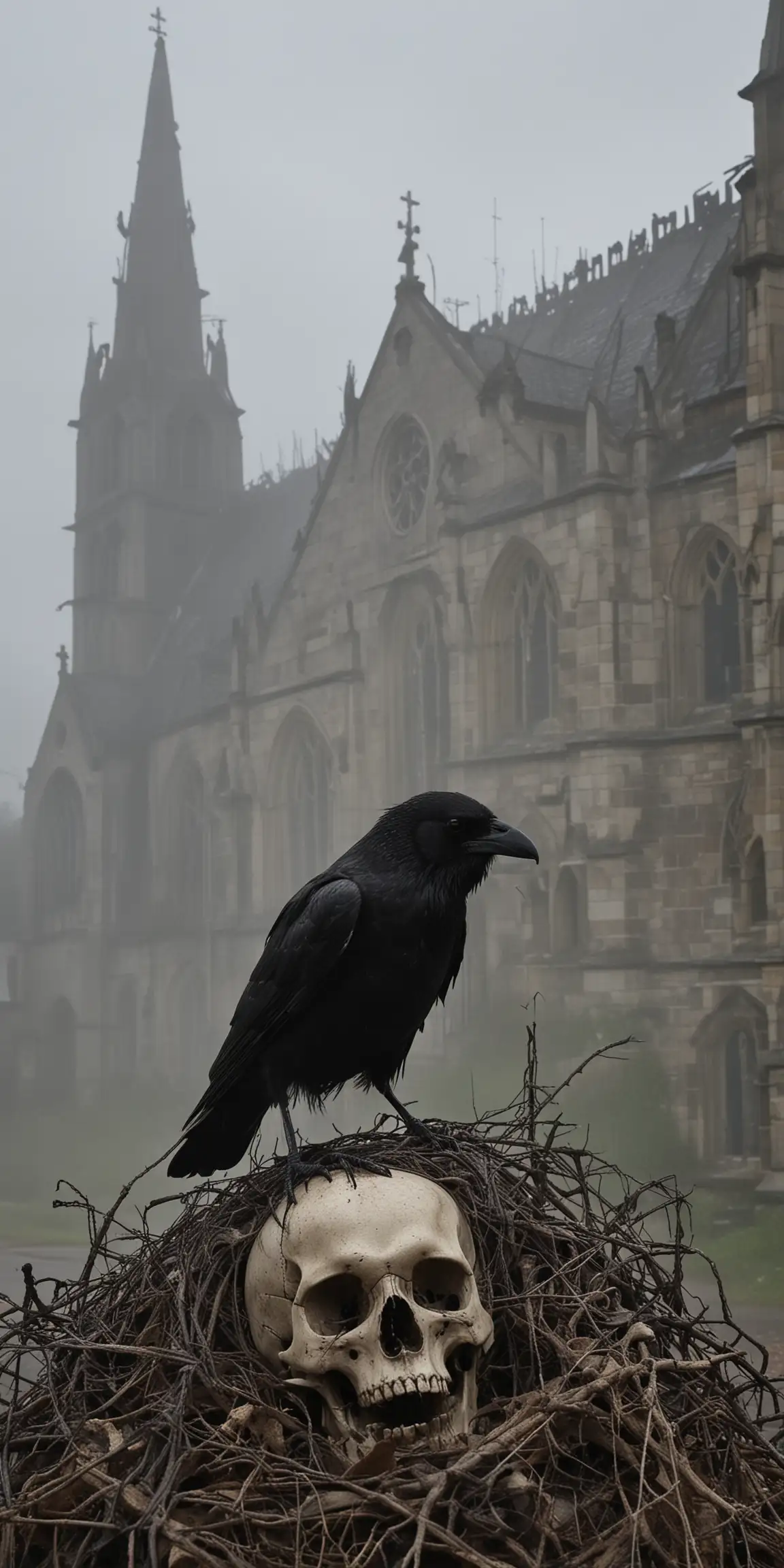 Crow on skull, dusty, cobwebs, gothic, church, derelict, rain, misty, storm 