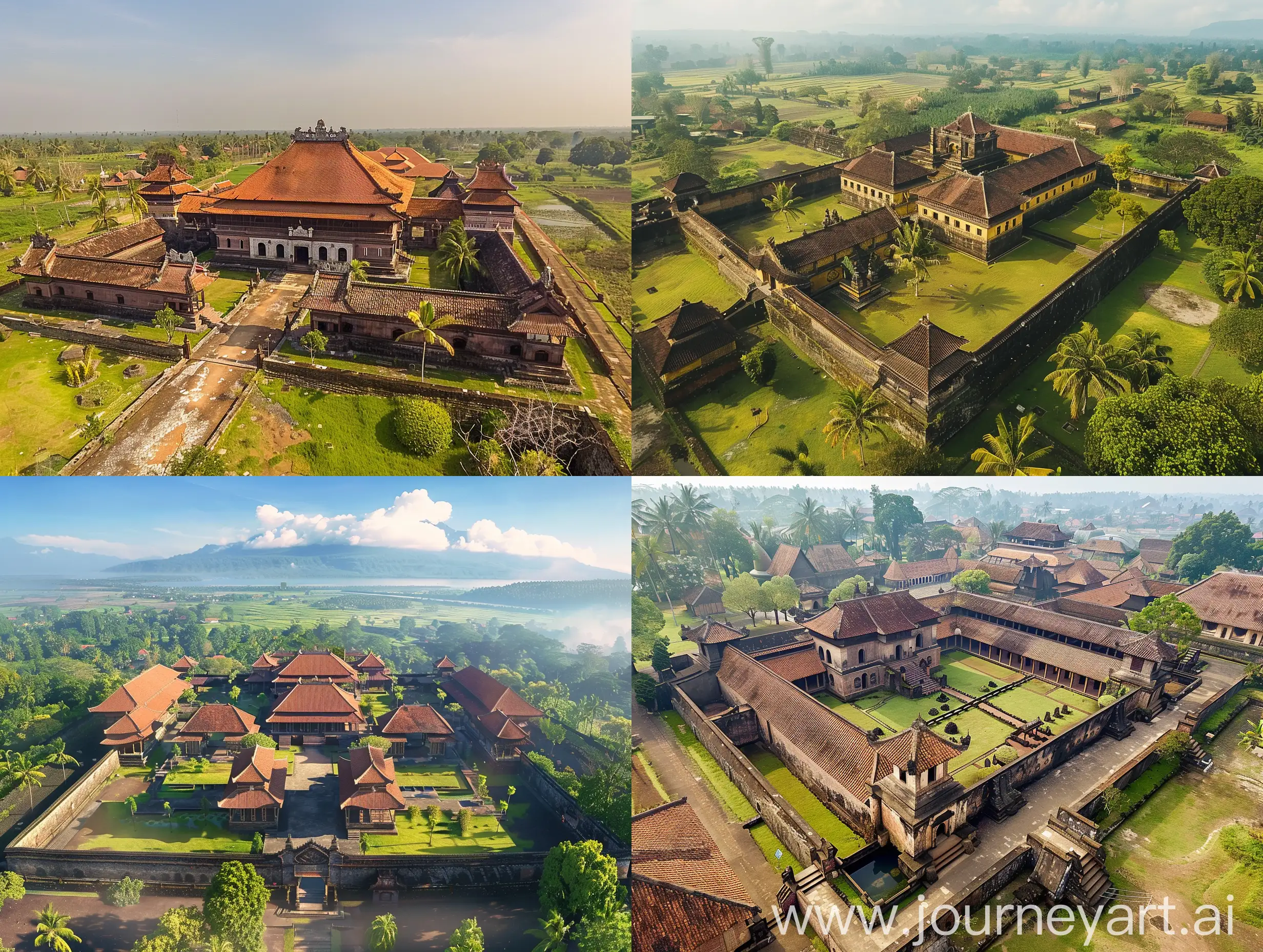 Siliwangi kingdom of Indonesia in 1500, color, a view of the royal palace, drone view