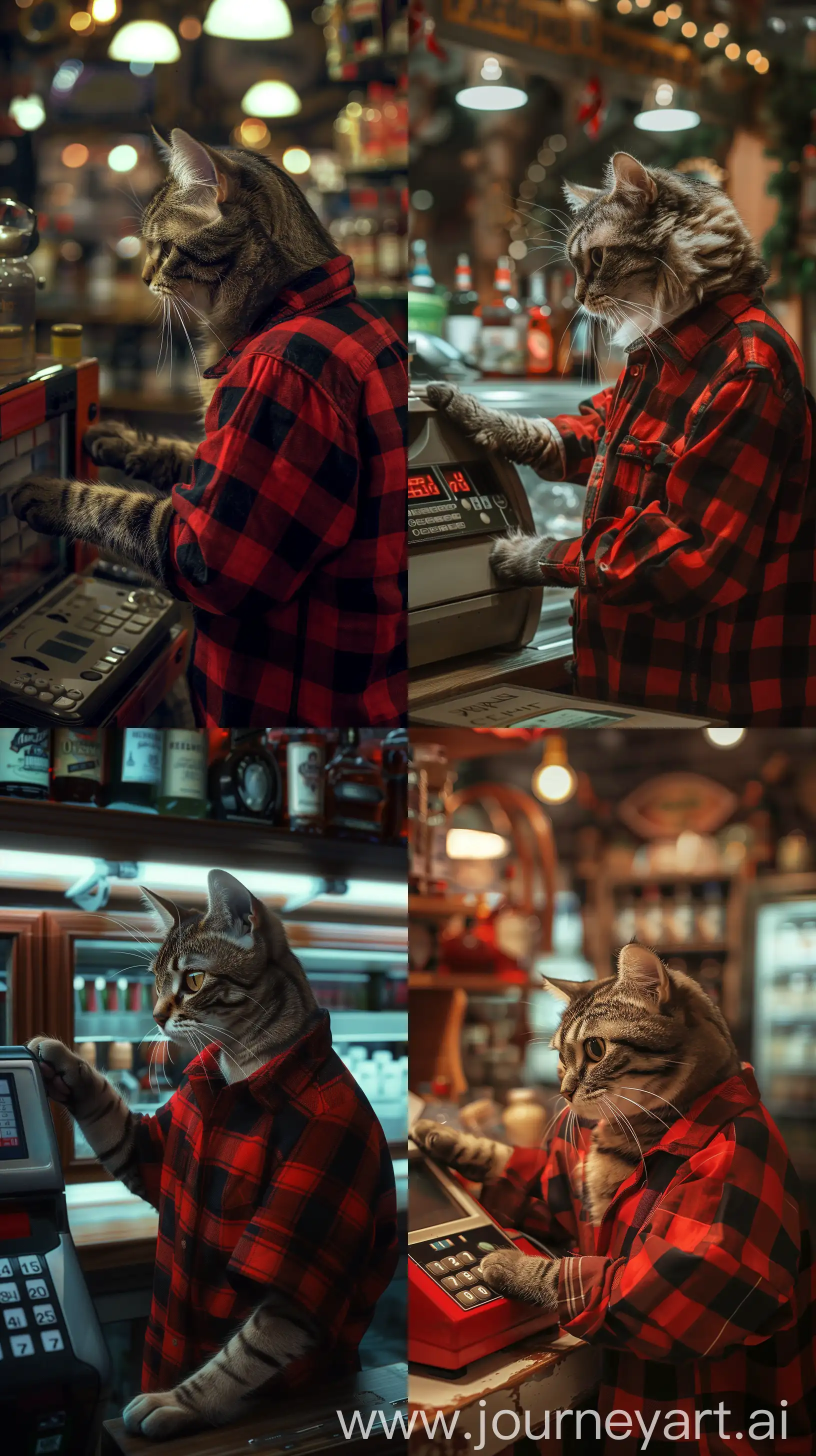 A cat in the form of an employee of the Russian aleomarket "Red and White" in a red and black plaid shirt, standing at the cash register, Russian alcohol market "Red&White”, soft lightning, high detailed, wallpaper, --ar 9:16