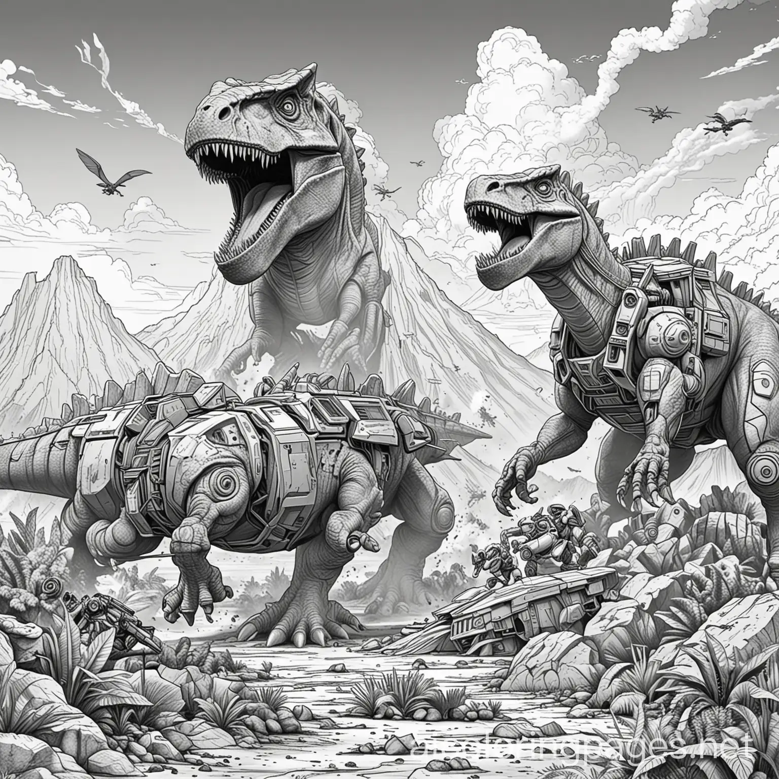 Dinosaurs-vs-Transformers-Battle-in-Volcano-Coloring-Page