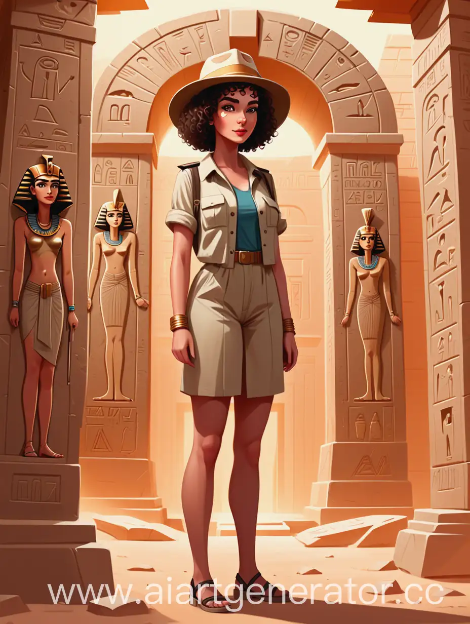 Очаровательная героиня с короткими кудрявыми волосами, собранными в аккуратную прическу, в шляпе-сафари. стоит на фоне египетской гробницы. Героиня уютного египетского детектива. Позади девушки гробница с египетскими иероглифами. Иллюстрация для обложки книги. Милый flat-рисунок