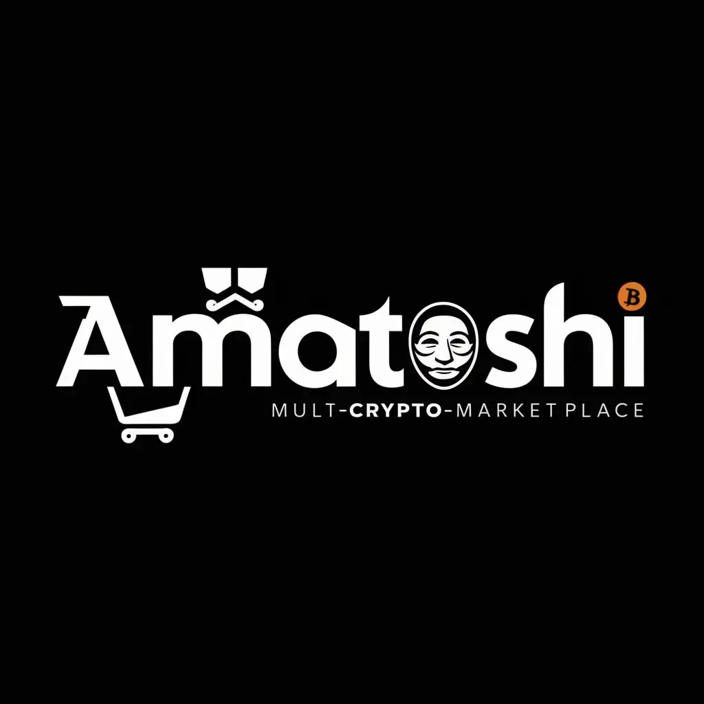 a logo design,with the text "Amatoshi", main symbol:Design a modern and professional logo for 'Amatoshi Multi-Crypto-Marketplace'. The main symbol should include a stylized image of Satoshi Nakamoto wearing an Anonymous mask. Use a clear black background. Integrate a shopping cart with Bitcoin symbols subtly into the text. Use a sleek, contemporary font. Place the stylized image of Satoshi Nakamoto as a very very small icon integrate to the text 'Amatoshi'. Ensure the design is very clean, balanced, and visually appealing,Minimalistic,clear background
