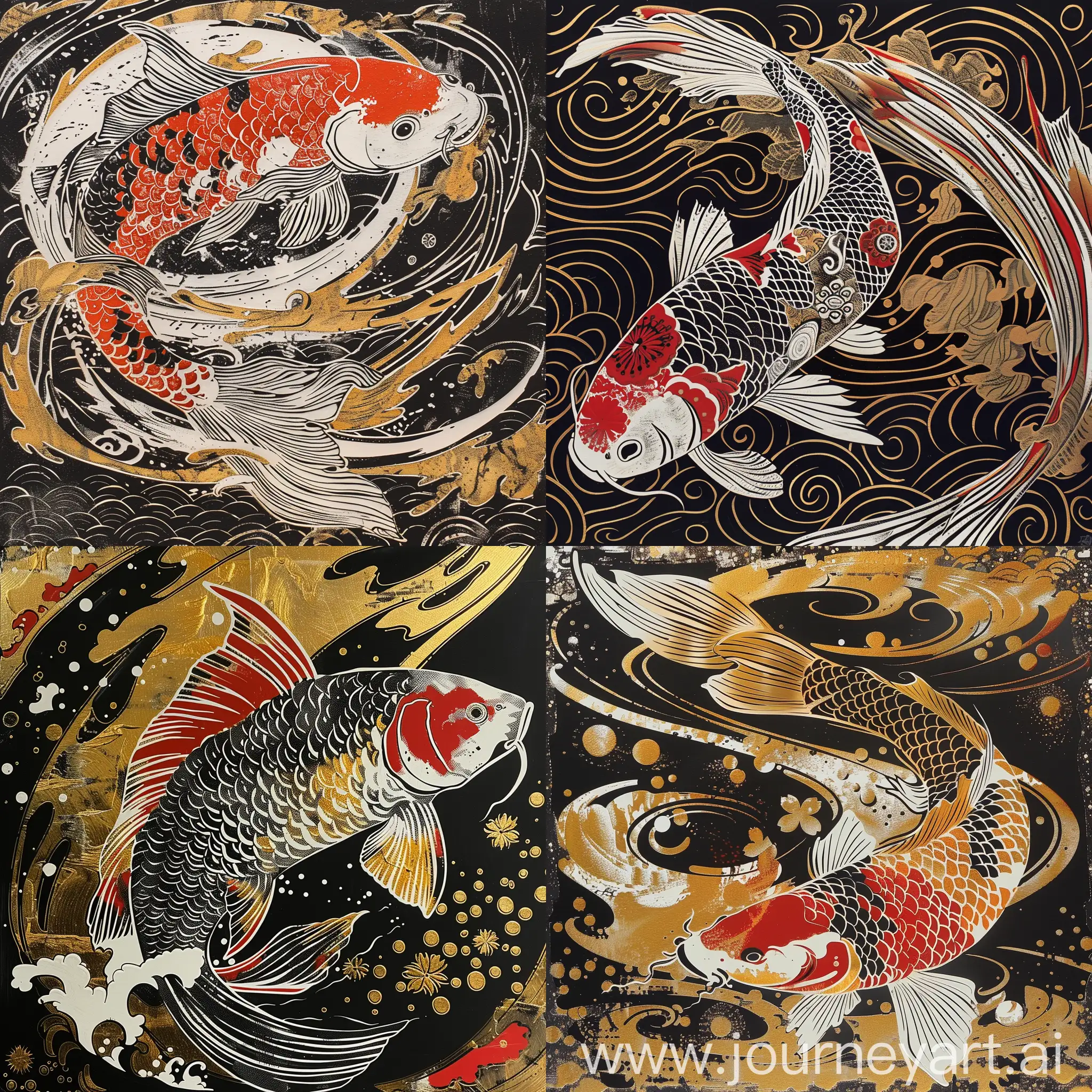 Japanese butterfly koi linocut print with ornate patterns and fine line textures, dynamic composition, black, gold, white, red