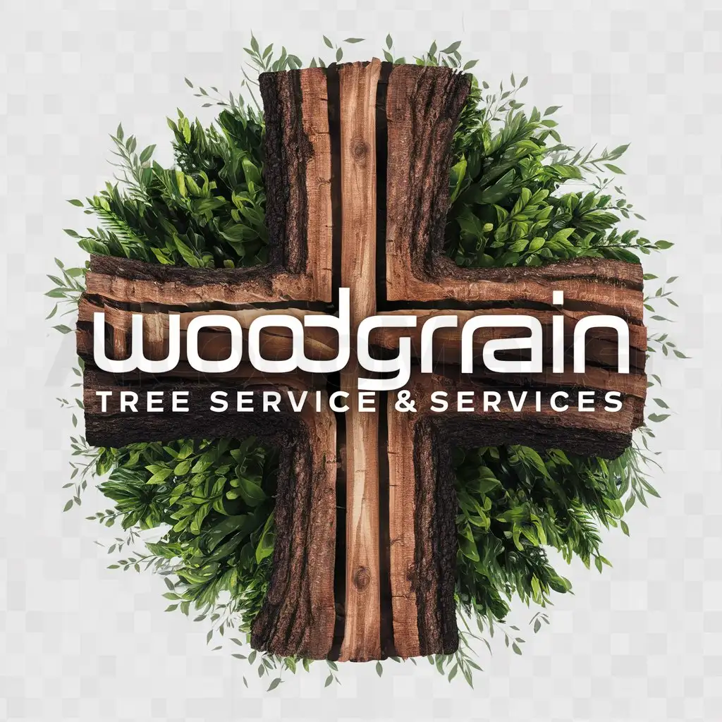 a logo design,with the text "WOODGRAIN TREE SERVICE & SERVICES", main symbol:A CROSS CARVED IN THE TRUNK OF A TREE AND YOU CAN SEE THE WOODGRAIN AND THE TREE HAS LOTS OF LEAVES,complex,clear background