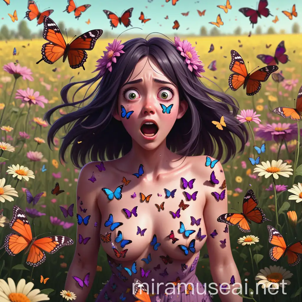 A character surprised because a lot of butterflies where covering her body in a field full of flowers