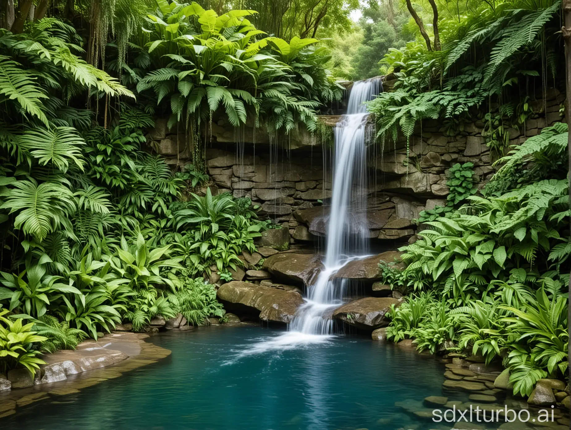 Cascading waterfall plunging into a crystal-clear pool surrounded by lush, verdant foliage.