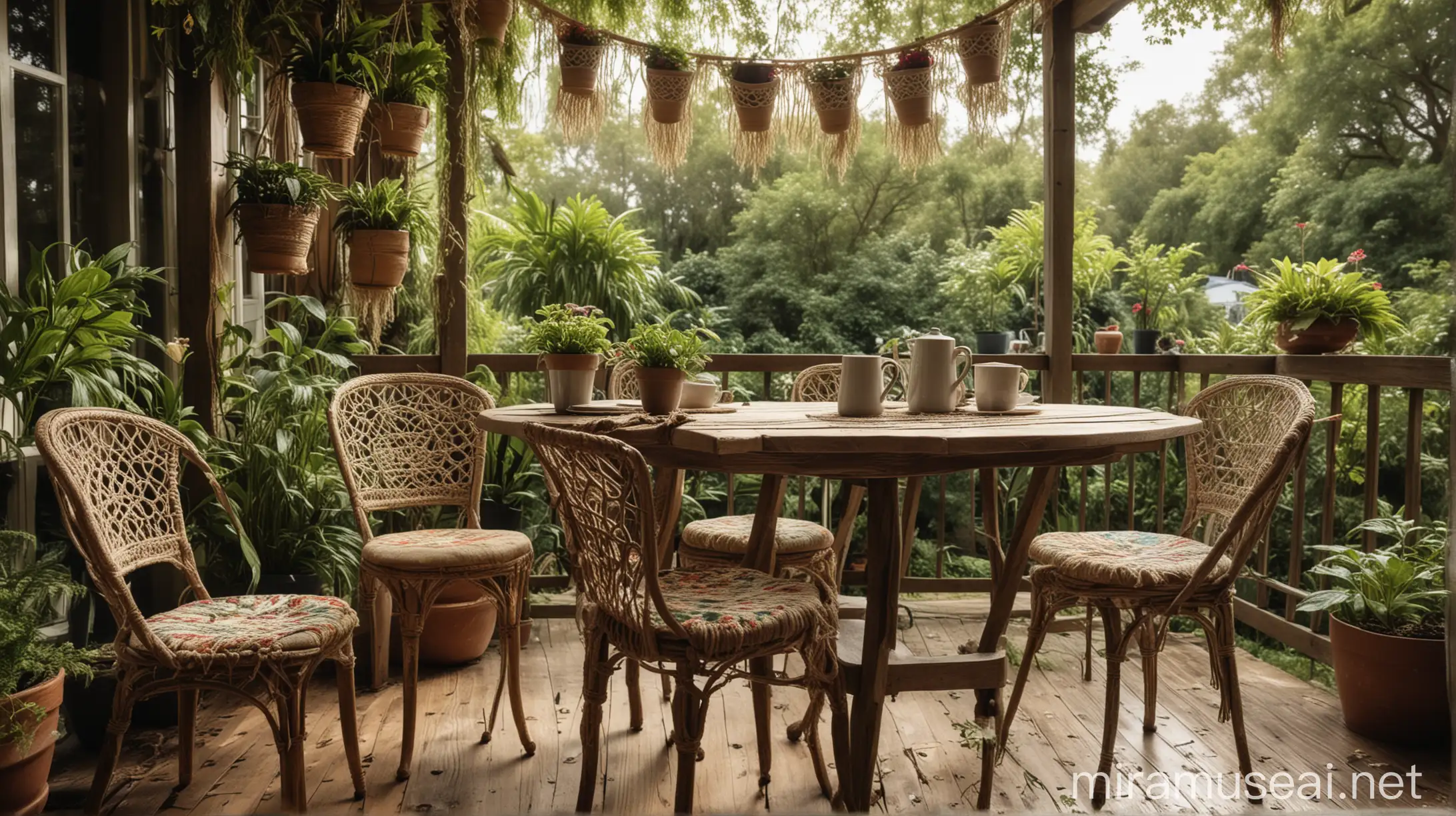 A vintage-style, wide-angle shot (24mm) taken from a low angle, capturing a cozy outdoor coffee nook with a worn wooden table and mismatched chairs. The space is adorned with macrame hangings, vibrant patterned cushions, and an abundance of lush green plants. A steaming cup of coffee sits on the table, sunlight dappling through the leaves creating warm, golden tones.