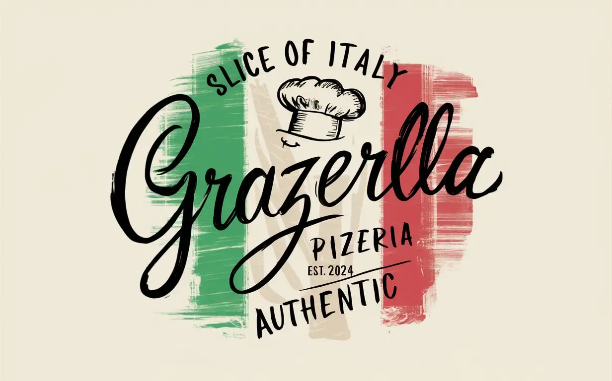 Handwriting Graziella Pizzeria logo, Italian colors ,Sketched chef's Hat, Slogan, Slice of Italy, EST 2024, Authentic