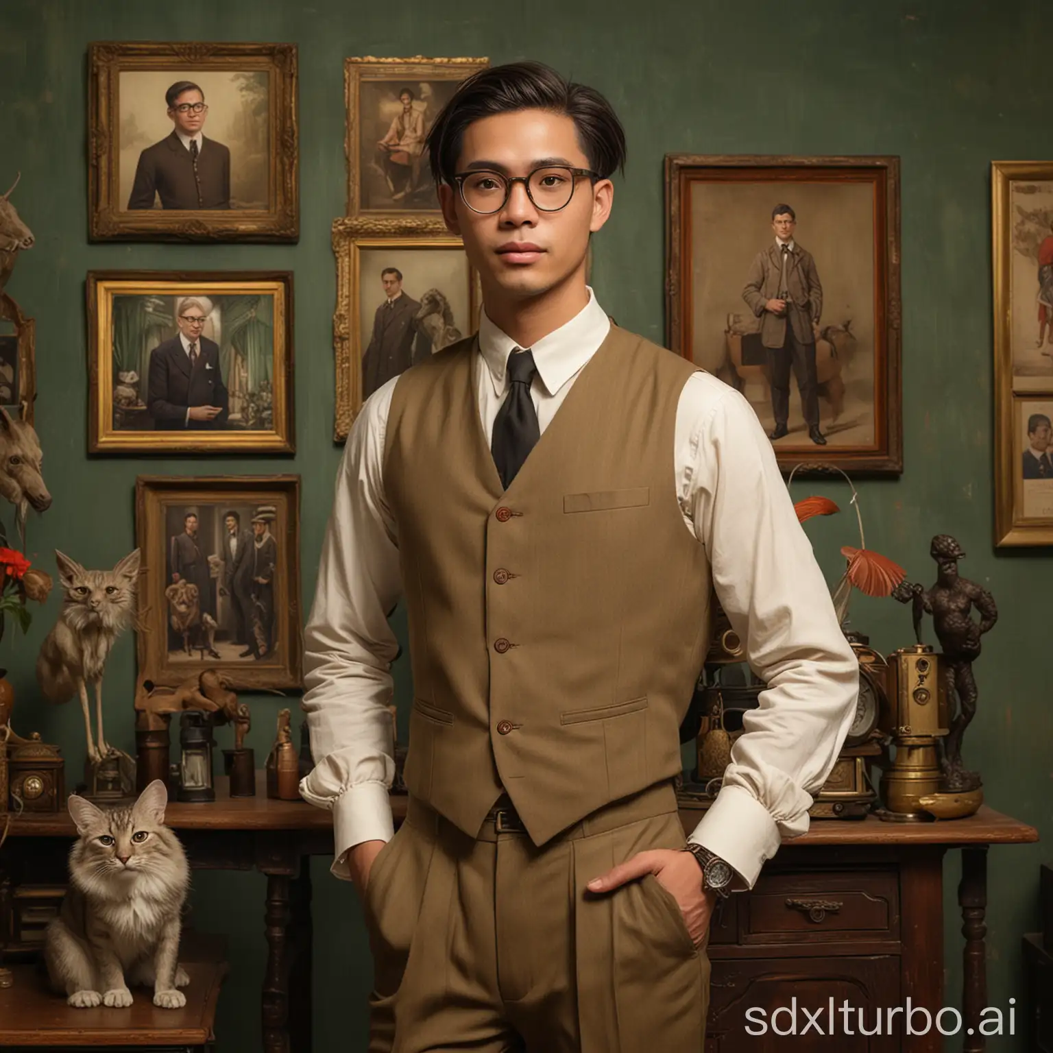 A full-body shot of a handsome, short, and lean Vietnam-Thailand descent guy with medium-length hair wearing round eyeglasses in an 1900s adventurer fashion attire, with a background of a taxidermist room in the visual style of Leyendecker.