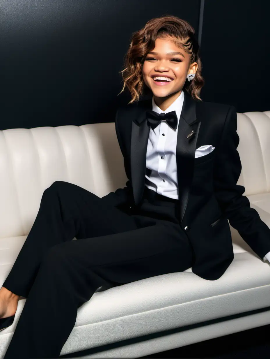 Zendaya-Laughing-in-Black-Tuxedo-on-Couch