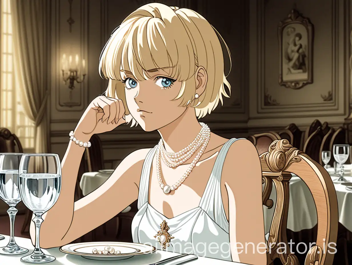 Anime 90s style, young blonde woman, short hair, sophisticated, pearl necklace, white old money dress, innocent, sad expression, old money dining room background, holding water glass