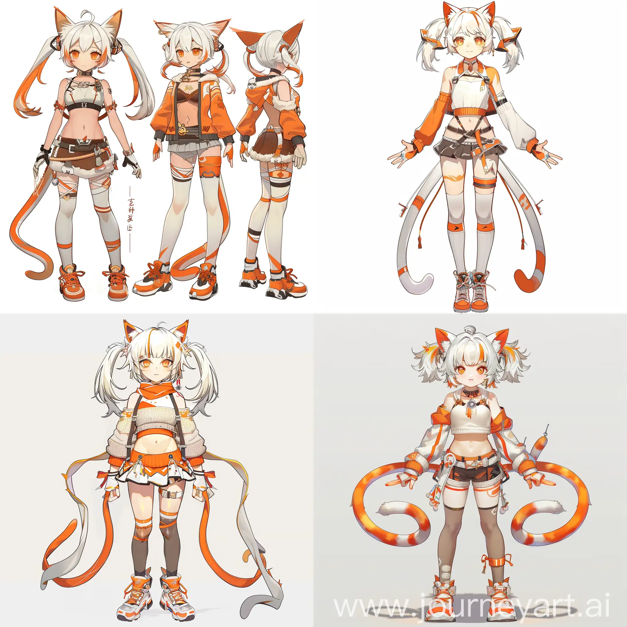 девушка из игры геншин импакт, с ушами кошки, двумя хвостами, с белыми и оранжевыми волосами, челкой,  в топе и кофте, с ремешками, в юбке, в носках разной длинны и оранжевых кедах