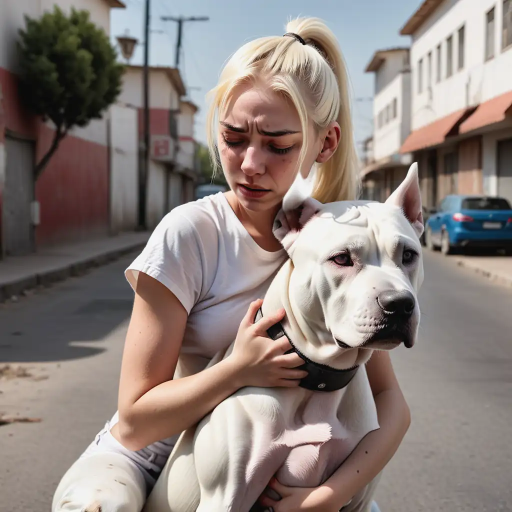 Young Woman Hugging Scared Dogo Argentino on Street