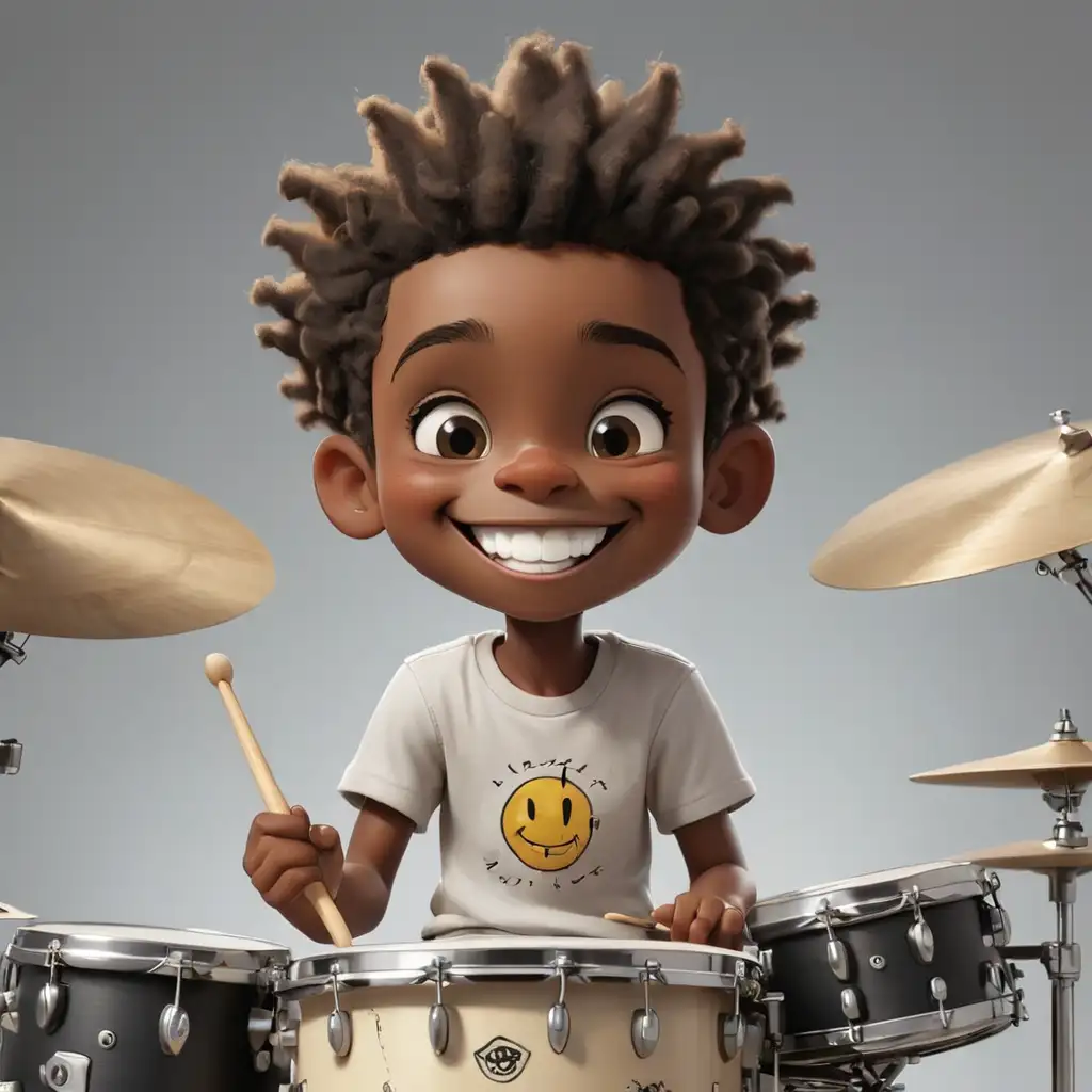 Cheerful Black Boy Playing CartoonLike Drums with a Bright Smile