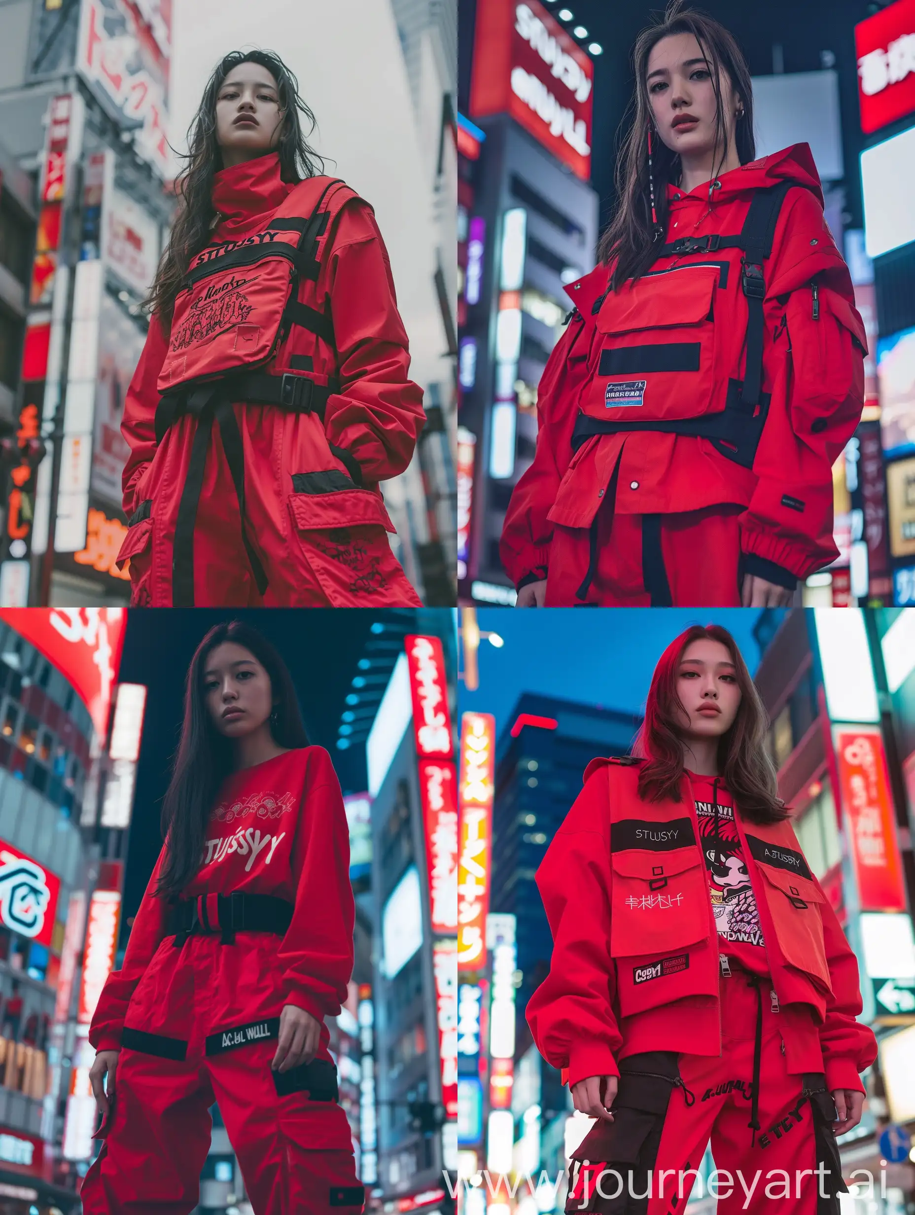 Aesthetic Theme:
In the heart of Shibuya, Tokyo, a woman stands, epitomizing the fusion of edgy streetwear in vibrant red hues, showcasing the collaboration between Stussy and A-Cold-Wall*. Her attire exudes confidence, with intricate details drawing attention.

Photography Style:
Immersing viewers in the raw energy of Shibuya, close-up shots highlight the meticulous craftsmanship of the clothing, pulsating with dynamic movement, echoing the rhythm of the city streets.

Color Palette:
Bold red dominates, symbolizing passion against the neon-lit skyline. Accents of black and gray echo A-Cold-Wall*'s aesthetic, while vibrant colors pay homage to Stussy.

Textile Elements:
The collaboration's unique textile elements shine, from rugged utility to playful graphics, telling a story of innovation and creativity.

Setting:
Shibuya's mix of modern architecture and traditional culture provides a striking backdrop, reflecting the dynamic intersection of fashion, art, and street culture.

Surrealistic Touch:
Subtle surrealistic elements blur reality, inviting viewers to explore the hidden depths of the urban landscape.

Technical Details:
High-resolution images capture intricate details with precision, showcasing the quality craftsmanship of the collaboration.

Overall Feel:
The concept photo celebrates urban sophistication and avant-garde style, offering a glimpse into the vibrant subculture thriving in Shibuya's bustling streets.





