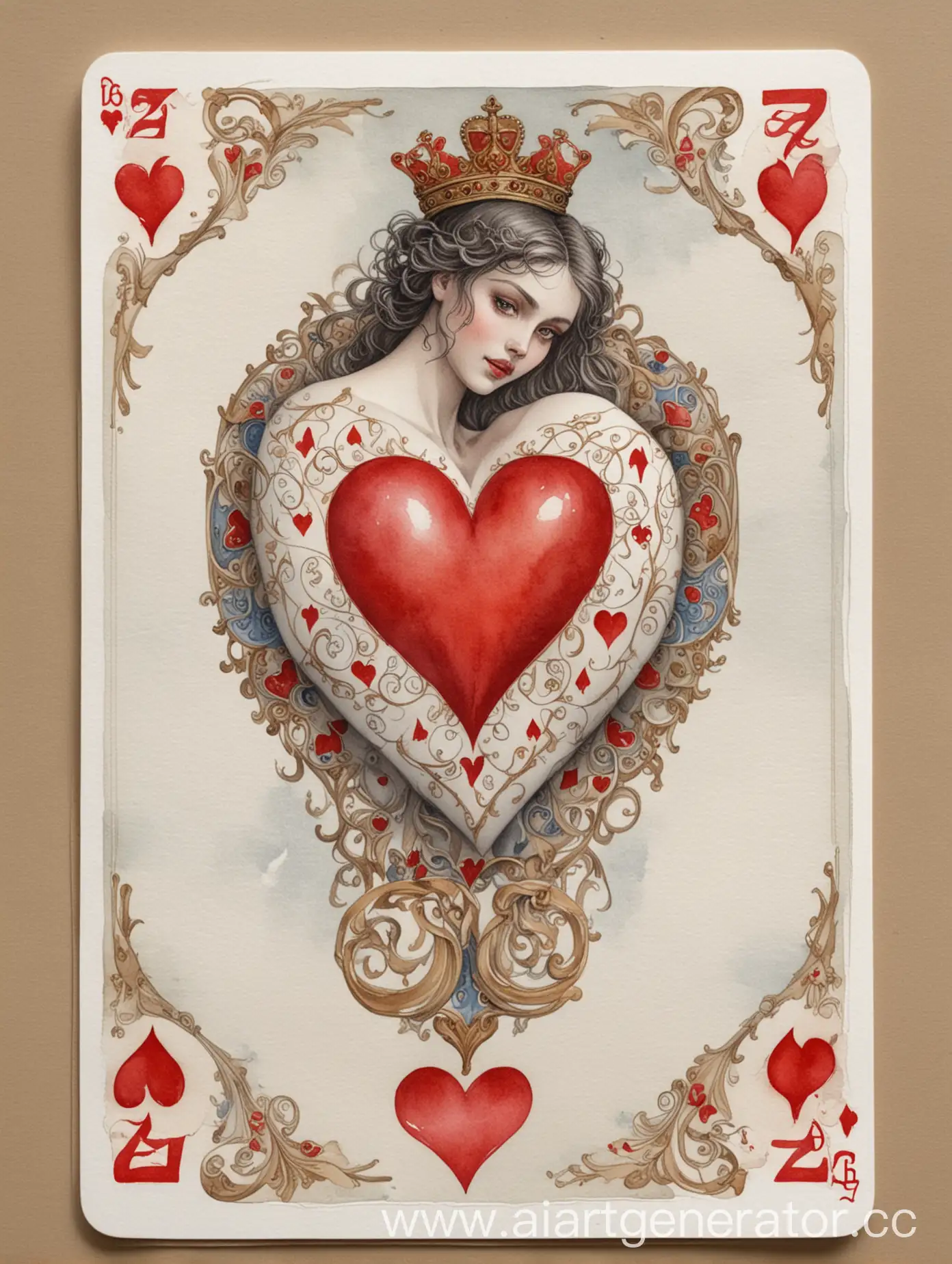 Detailed-Watercolor-Illustration-Two-of-Hearts-Playing-Card-with-Naked-Beauty
