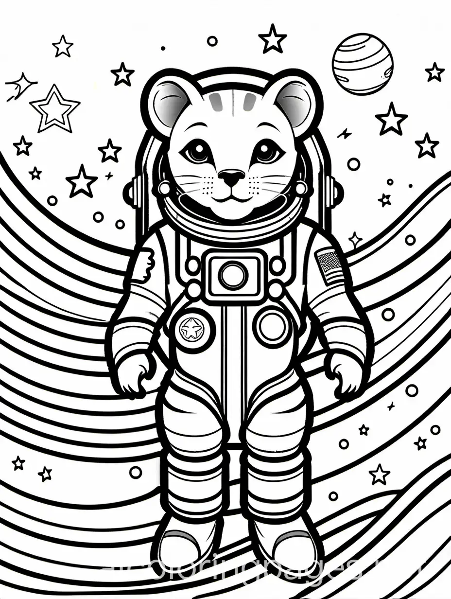 a cougar as an astronaut in a rocket

, Coloring Page, black and white, line art, white background, Simplicity, Ample White Space. The background of the coloring page is plain white to make it easy for young children to color within the lines. The outlines of all the subjects are easy to distinguish, making it simple for kids to color without too much difficulty