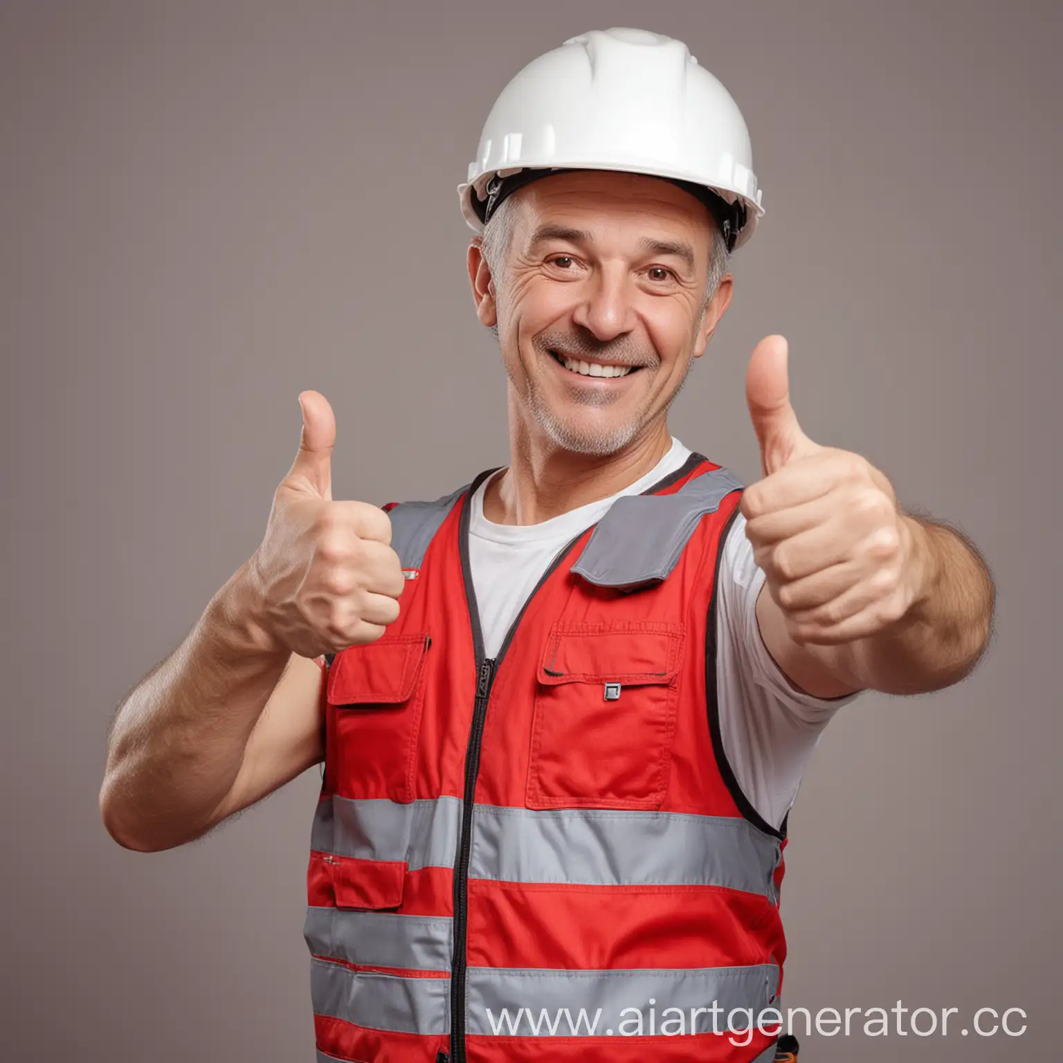 Строитель-монтажник 40 лет, улыбается, в белой каске, красной жилетке, большой палец держит вверх. 
