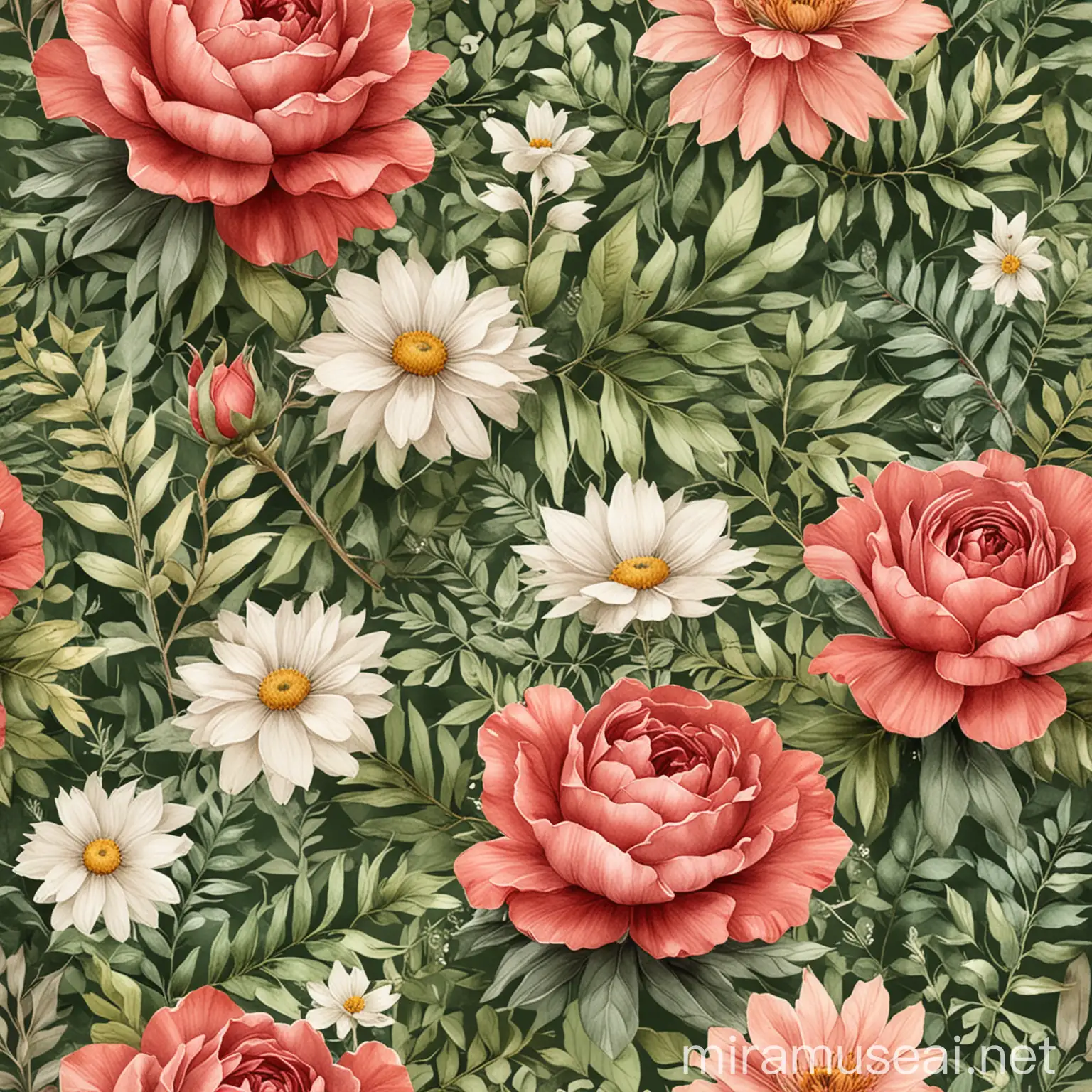PROMPT :Create ultra HD   seamless  pattern Feature a variety of watercolor flowers, such as roses, peonies, and daisies.
Use soft, natural watercolor strokes with delicate shading and gradients.
Ensure the flowers are detailed but maintain a light and airy feel typical of watercolor paintings.
Include various types of leaves such as ferns, eucalyptus, and simple foliage.
Use shades of green that complement the red background and floral elements.
Leaves should have a soft, watercolor wash effect, with some showing fine veins and subtle color variations.
Flowers should have a range of colors, including pastel pinks, purples, and whites, to contrast and stand out against the red background. Leaves should predominantly be in various shades of green, from light sage to deep forest green.
Arrange the flowers and leaves in a balanced, natural manner, ensuring a seamless repeat with no visible edges or abrupt transitions.
Ensure a harmonious distribution of elements so the pattern feels continuous and cohesive when tiled. The background should be a rich, vibrant red that enhances the watercolor elements without overpowering them.
Consider a slightly textured or washed red background to complement the watercolor style of the floral and foliage elements.
The design should evoke a sense of elegance and natural beauty, suitable for applications such as textiles, wallpapers, 
Maintain a cohesive watercolor aesthetic throughout the pattern, ensuring all elements blend seamlessly.
