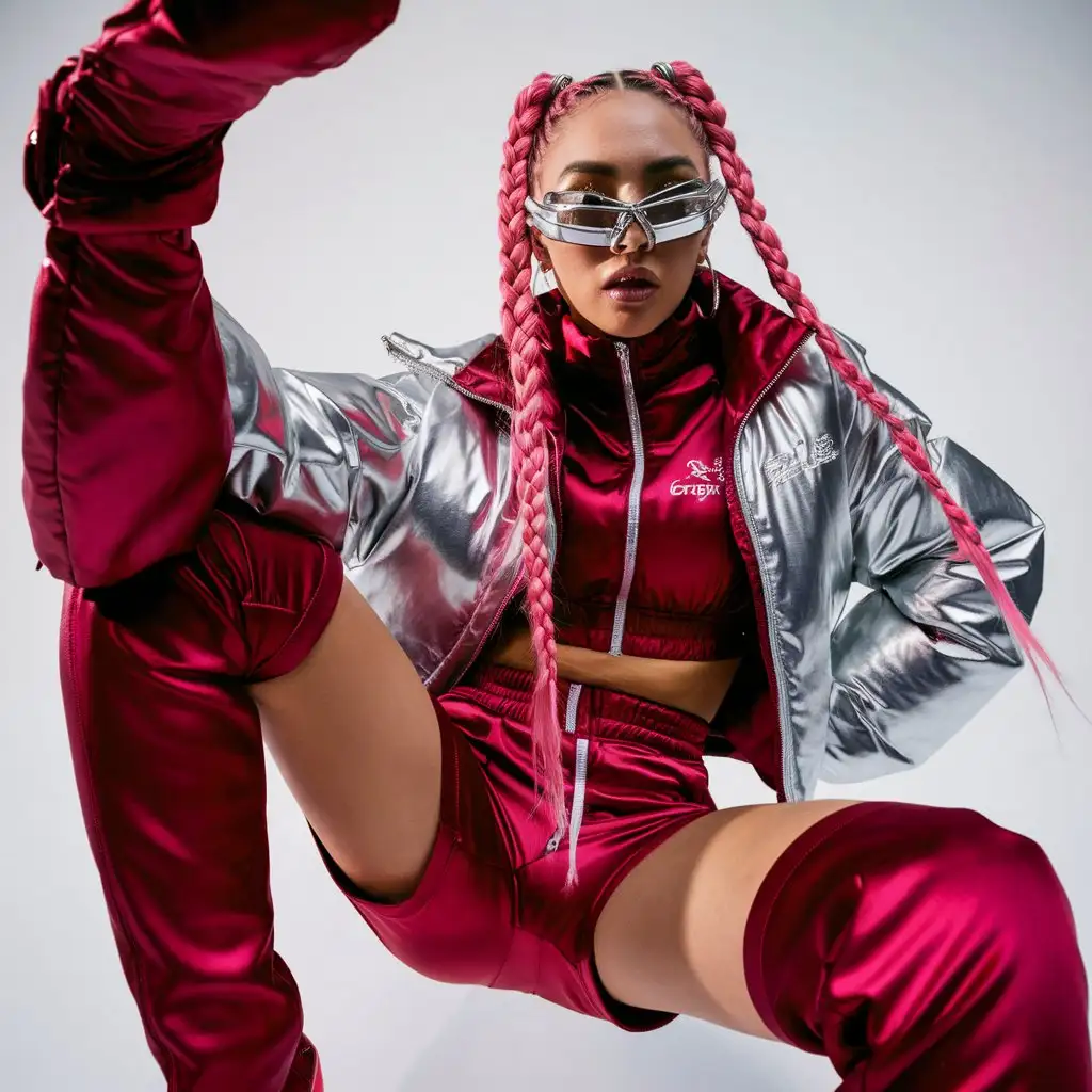 female with pink braided hair, wearing puffy red tracksuit & silver jacket, chrome wrap around sports sunglasses, y2k vibes, angle of shot is from below with a fisheye lens, long legs with boots on