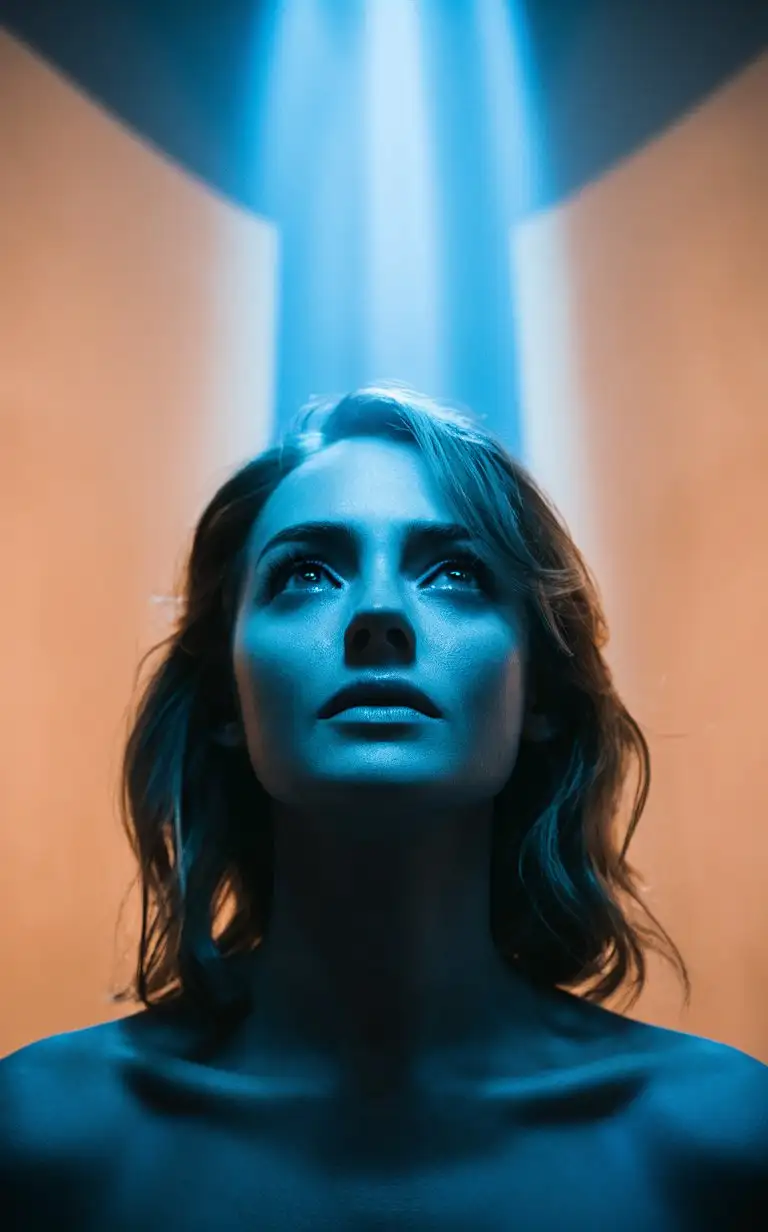 A portrait of the Emma stone， in front of light background, illuminated by blue light from above, creating an atmospheric and mysterious mood. Contrasts against the light orange background behind her. Her expression appears contemplative or pensive as she gazes upward into the dimly lit space. Shot at eye level, capturing a moment that evokes emotion and mystery -