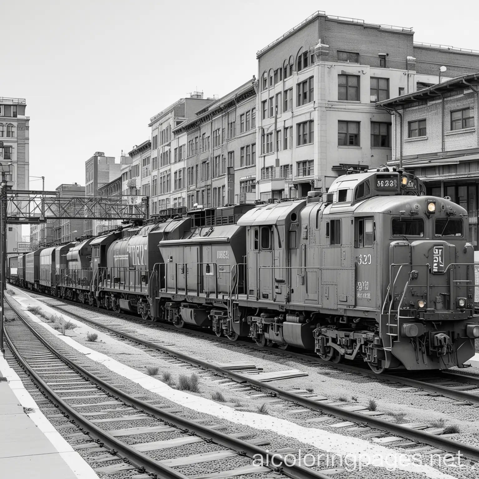 realistic freight train near buildings, Coloring Page, black and white, line art, white background, Simplicity, Ample White Space