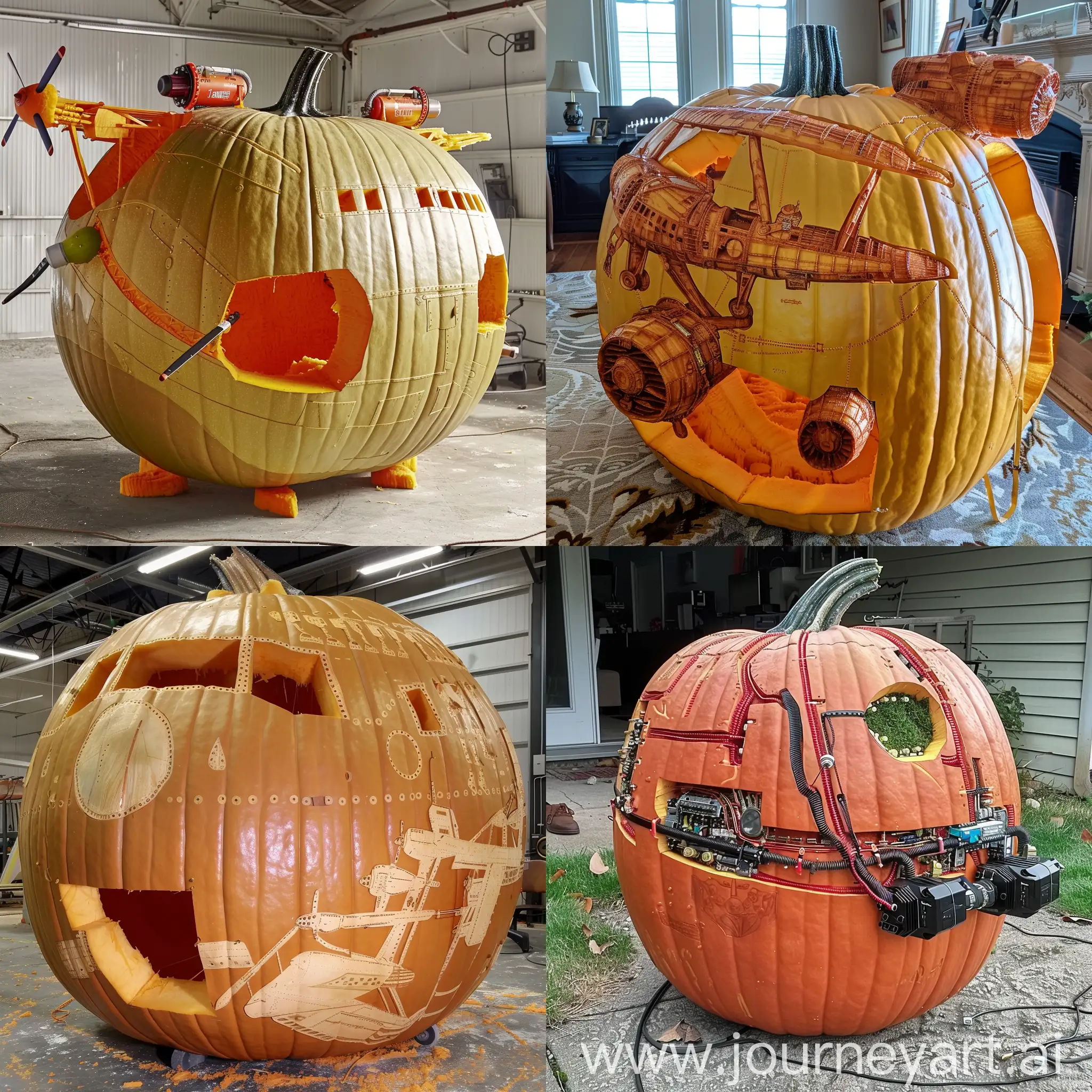 Image of a large pumpkin that has been transformed into an airplane with equipment