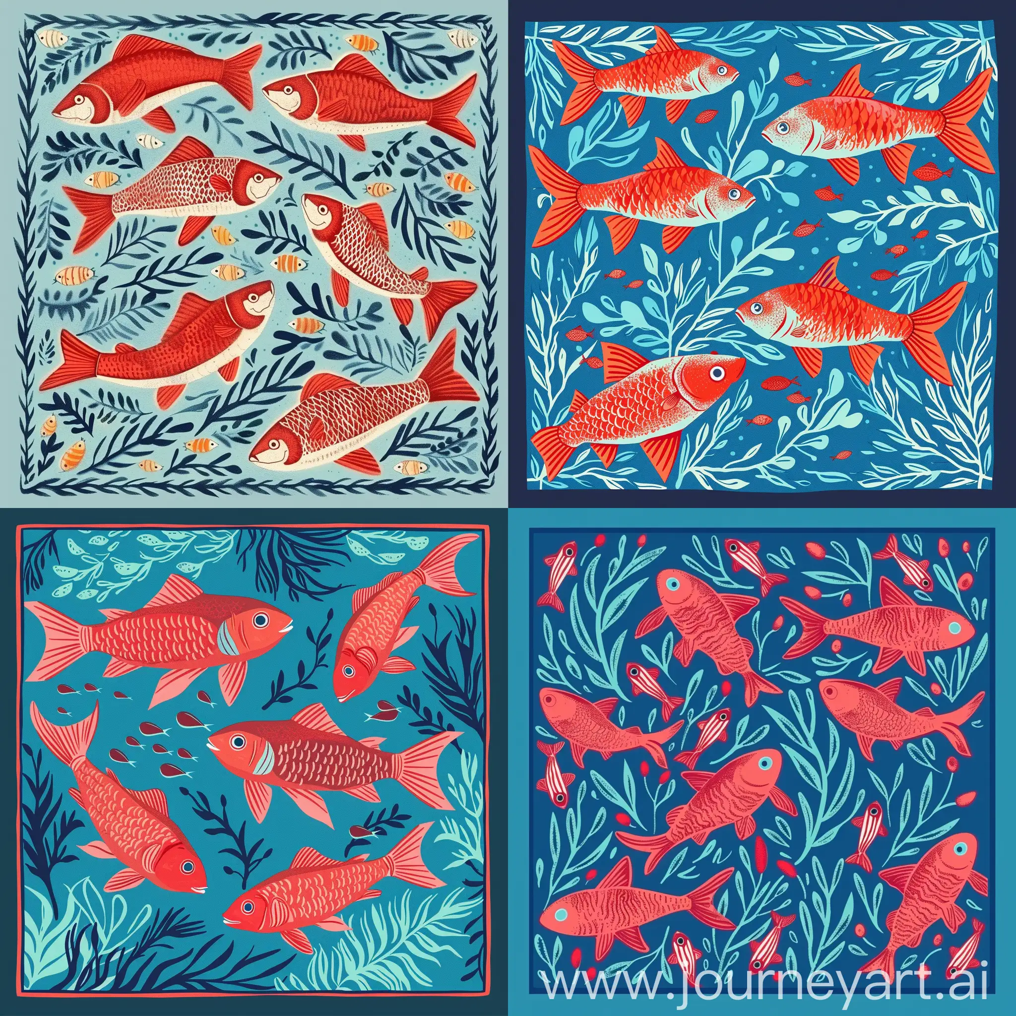vector pattern with red fish and algae on a blue background for a scarf