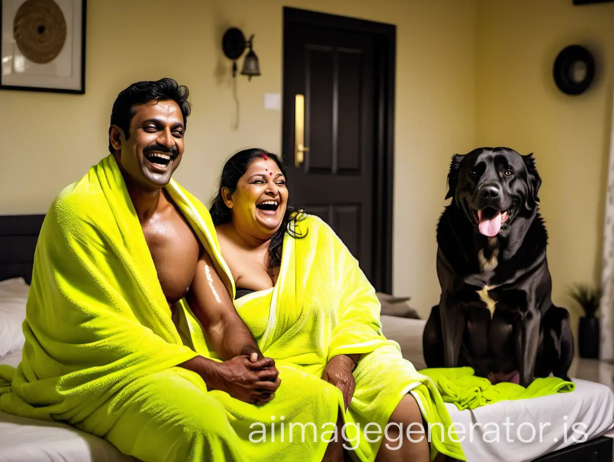 A 23 years indian muscular man is sitting with a 49 years indian mature fat woman. Both are wearing wet neon yellow bath towel and in a luxurious bedroom, and are happy and laughing. And a big dog is near them. They are in a big luxurious farm house. It's a morning time and lights are there. It's raining.
