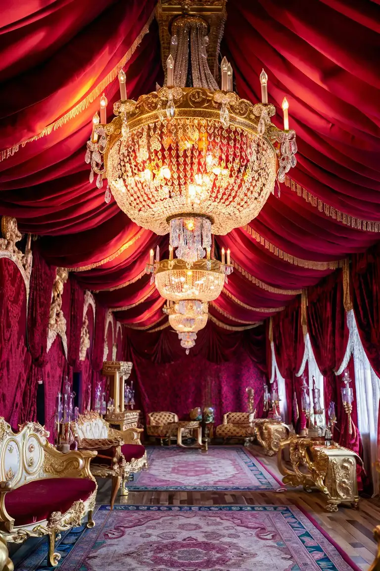 The interior of a fairy tale, magnificent king palace, red and gold, red draperies, gold and crystal chandeler,  close view