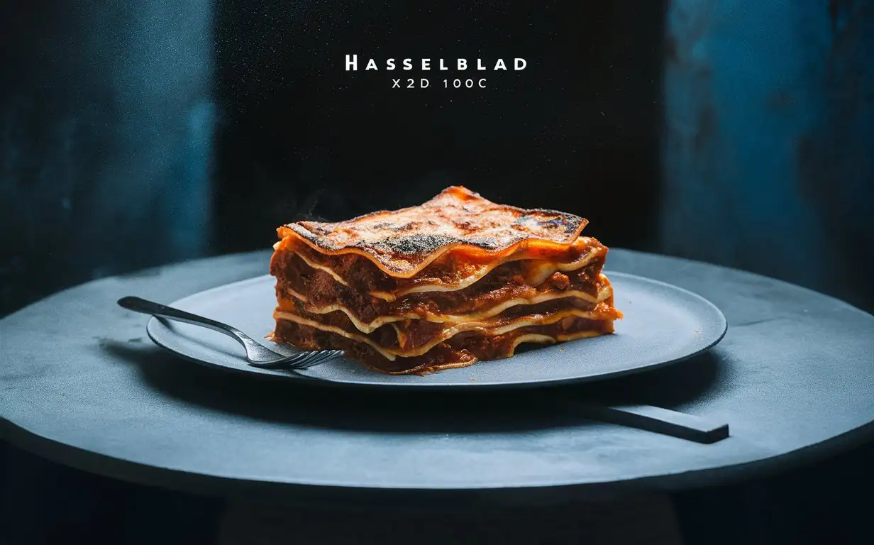 Hasselblad X2D 100C, a realistic mouth watering photo of classic lasagna on the plate with minimalist props table setting and dark background, blue tone photo