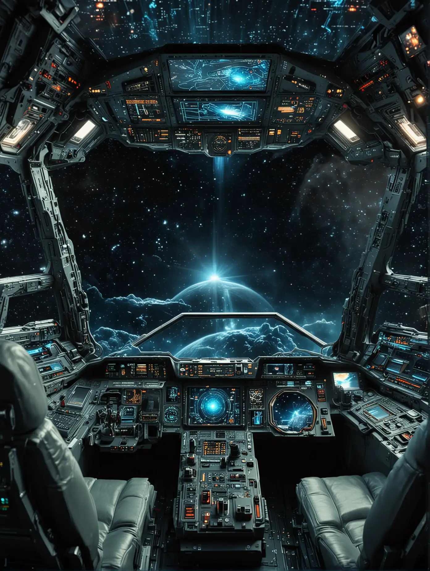 Science fiction spaceship cockpit, holographic display, window background is the universe