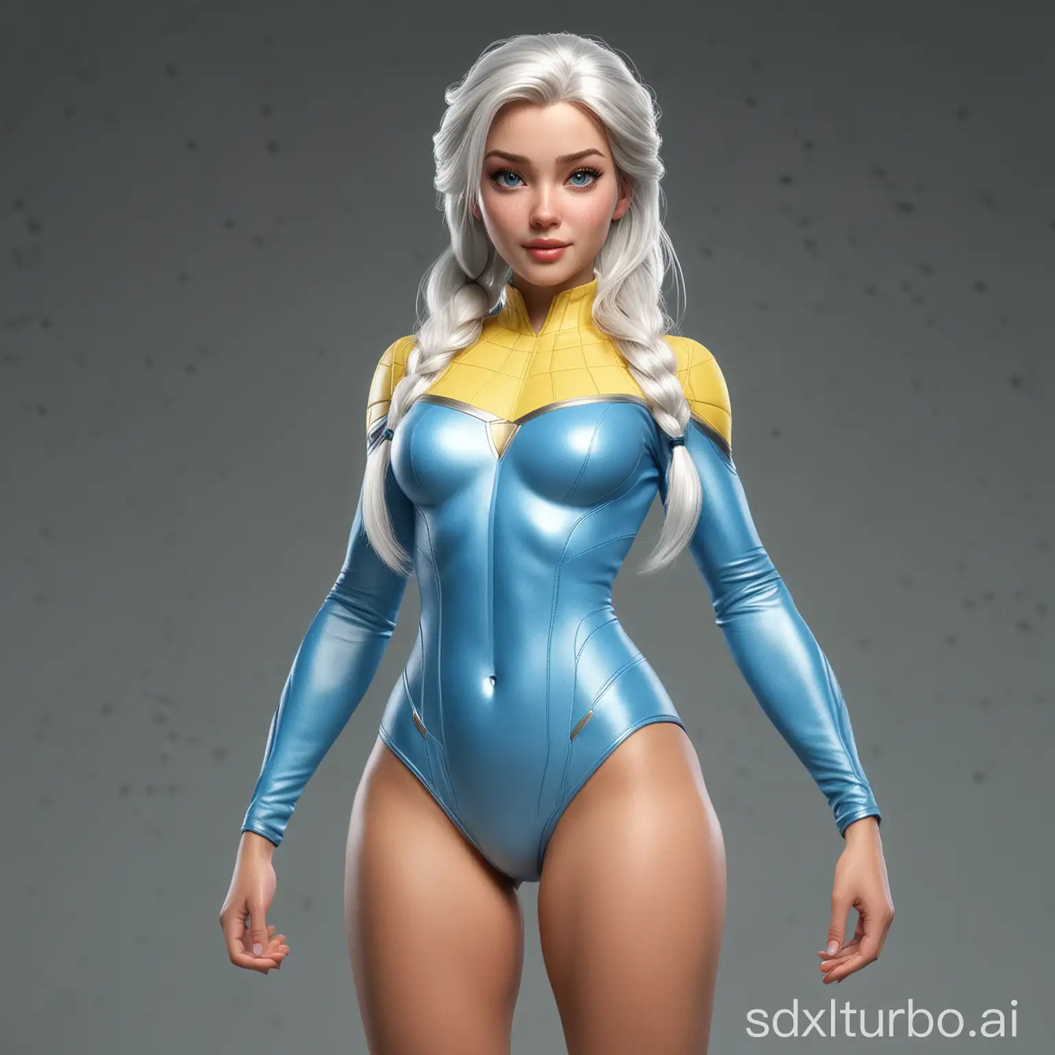 Realistic Elsa (full body) with thick fit body, X-Men tight uniform, small shoulders, big ass, freckles on face with blue and yellow suit, sexy lips and white hair big tits tall sexy woman long muscular legs. frontal pose young baby face with crystal blue eyes. pear shaped body. bottom part of the body really big wider and top part of the body smaller.