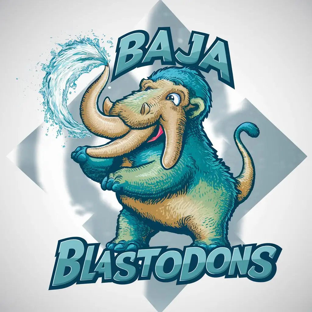 a logo design,with the text "Baja Blastodons", main symbol:Mastodon that is the color of Baja Blast, turquoise, Seafoam green. Mascot style. Happy. Golfing. Fuzzy, spraying from trunk, intimidating, realistic, fantasy,complex,be used in Entertainment industry,clear background